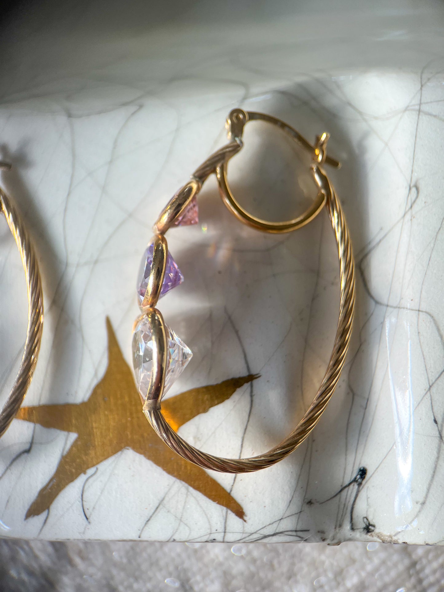 Vintage 3 Stone CZ 14k Yellow Gold Double Hoop Earrings