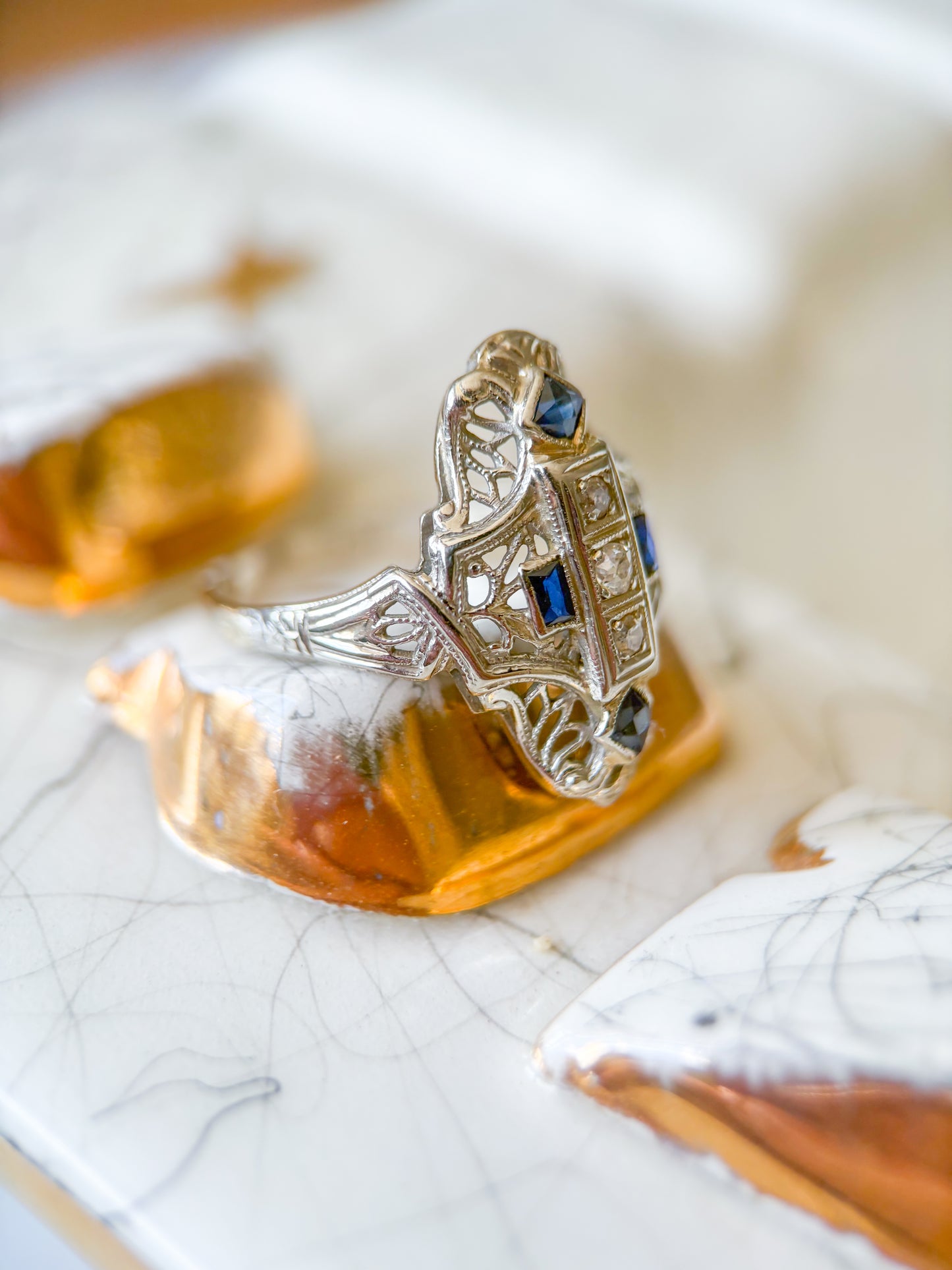 Vintage Natural Diamond and Natural Sapphire 14k White Gold Statement Ring