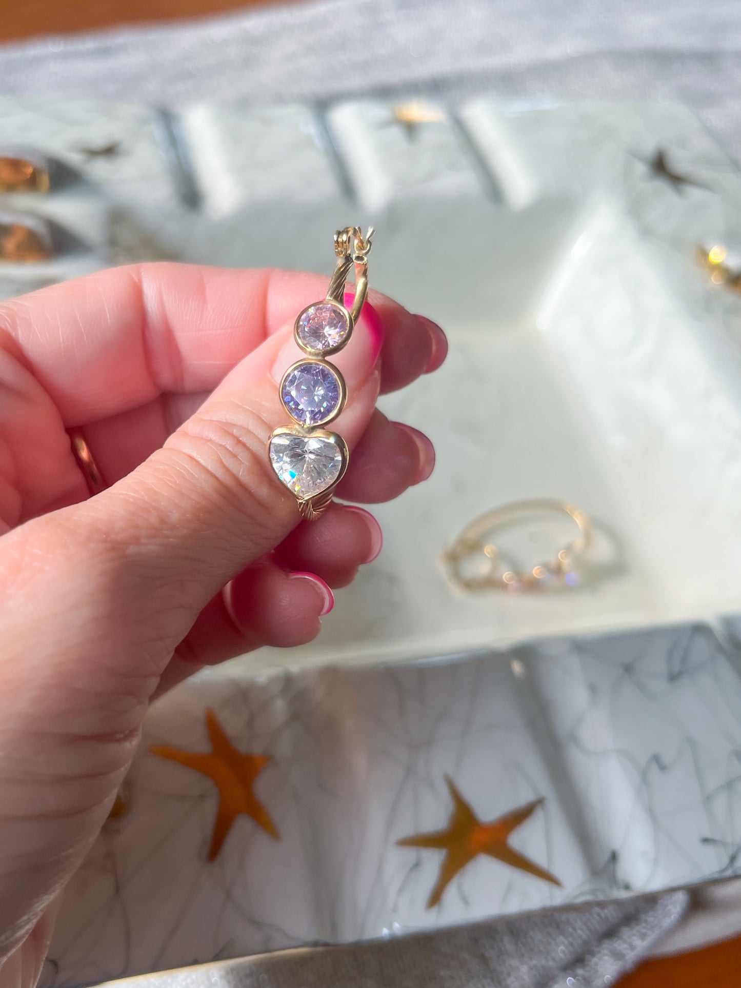 Vintage 3 Stone CZ 14k Yellow Gold Double Hoop Earrings