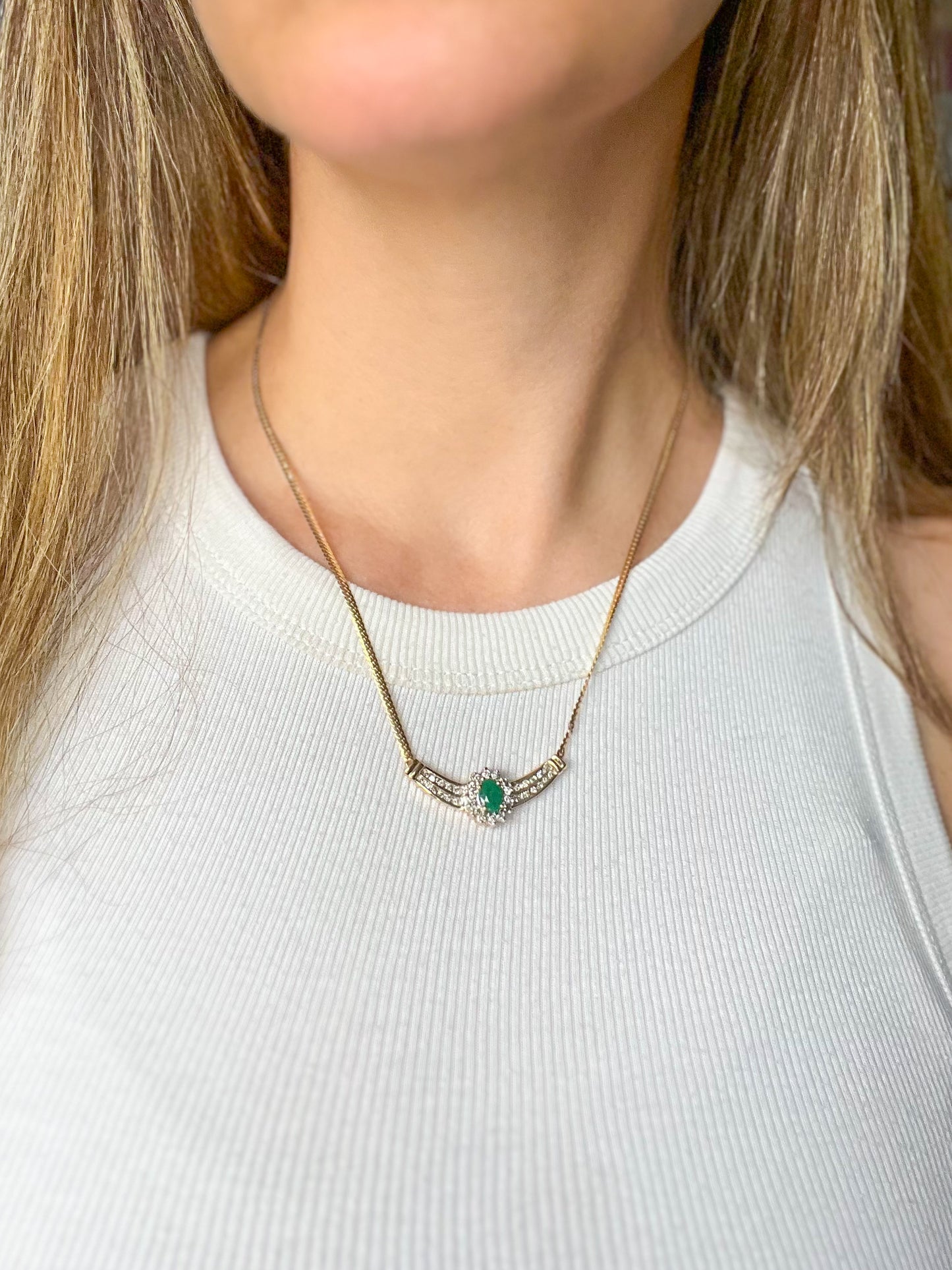 Vintage Natural Diamond, Emerald and Sapphire Pendant 14k Yellow Gold Necklaces