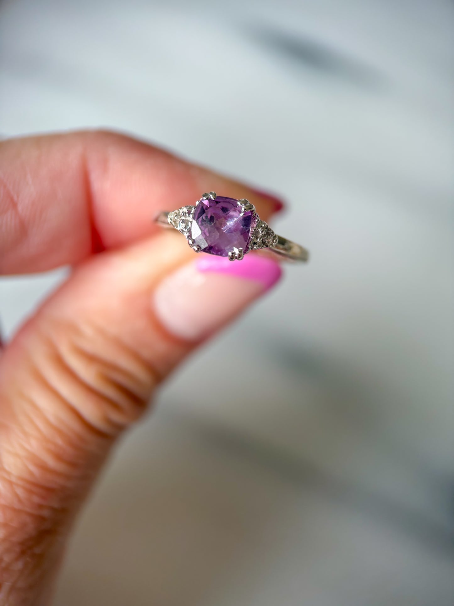 Vintage Amethyst and Natural Diamond 14k White Gold Ring