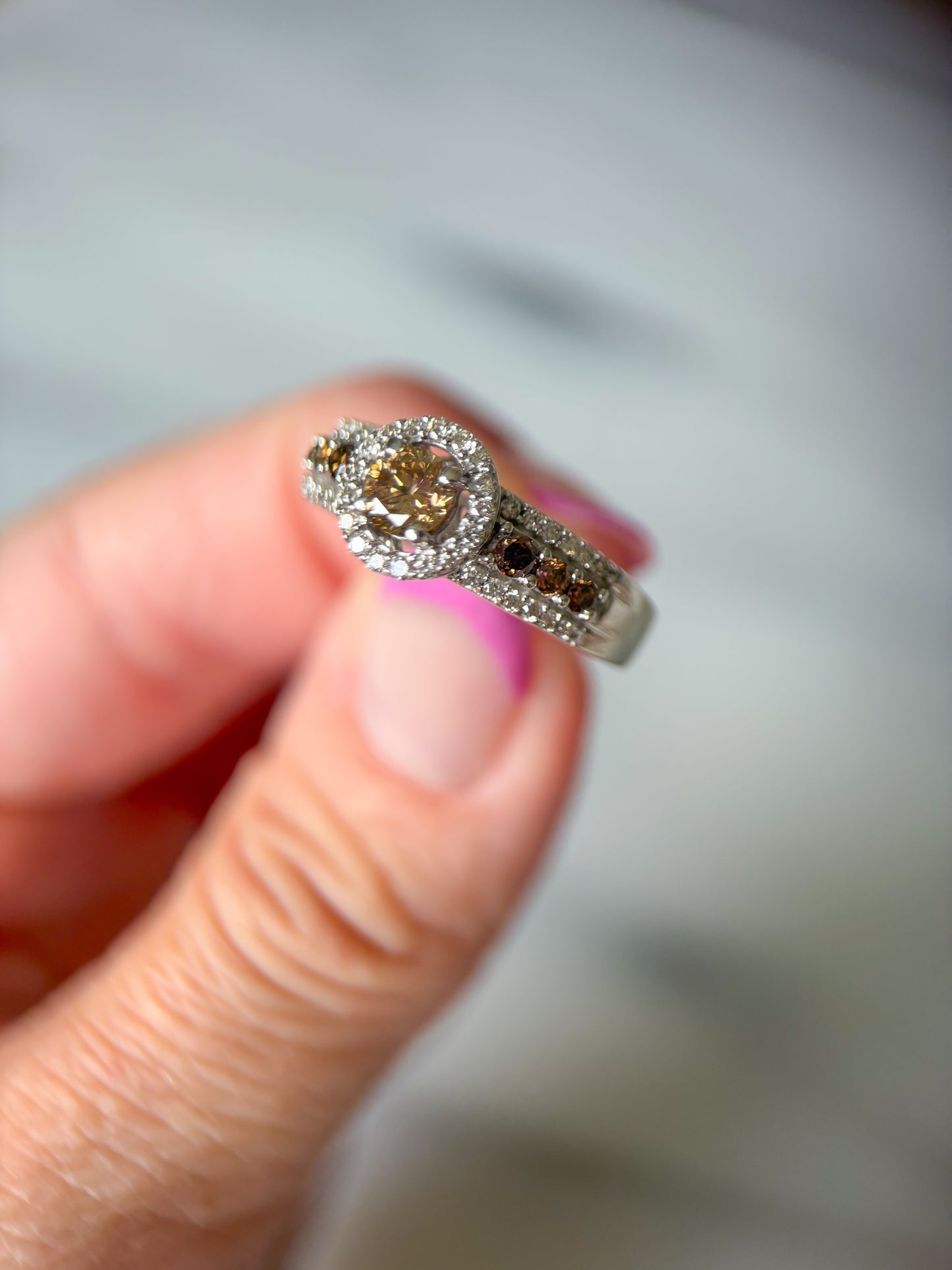 Vintage Natural White and Chocolate Diamonds 14k White Gold Ring