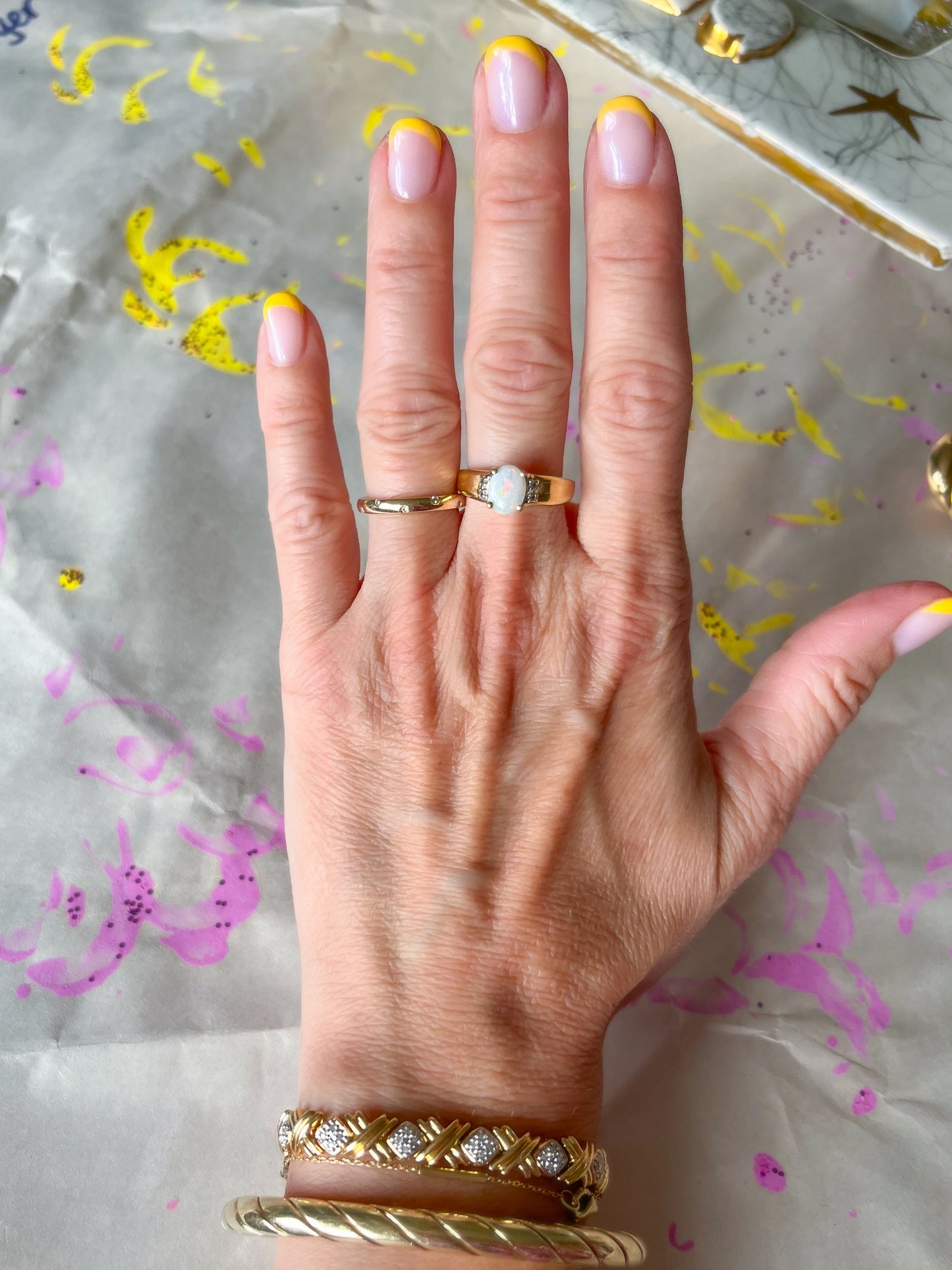 Vintage Natural Opal and Natural Diamond 10k Yellow Gold Ring