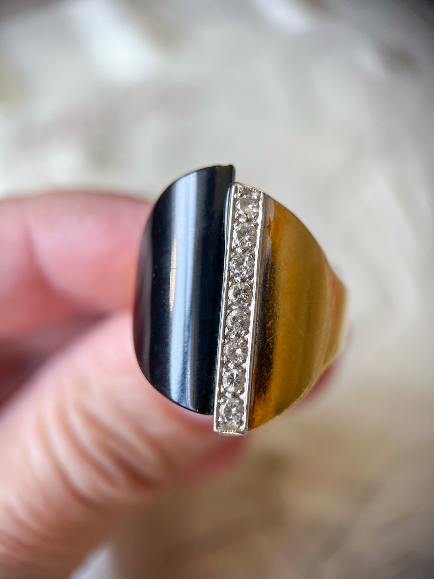 Vintage Onyx and Natural Diamond 18k White and Yellow Gold Ring, circa 1960s