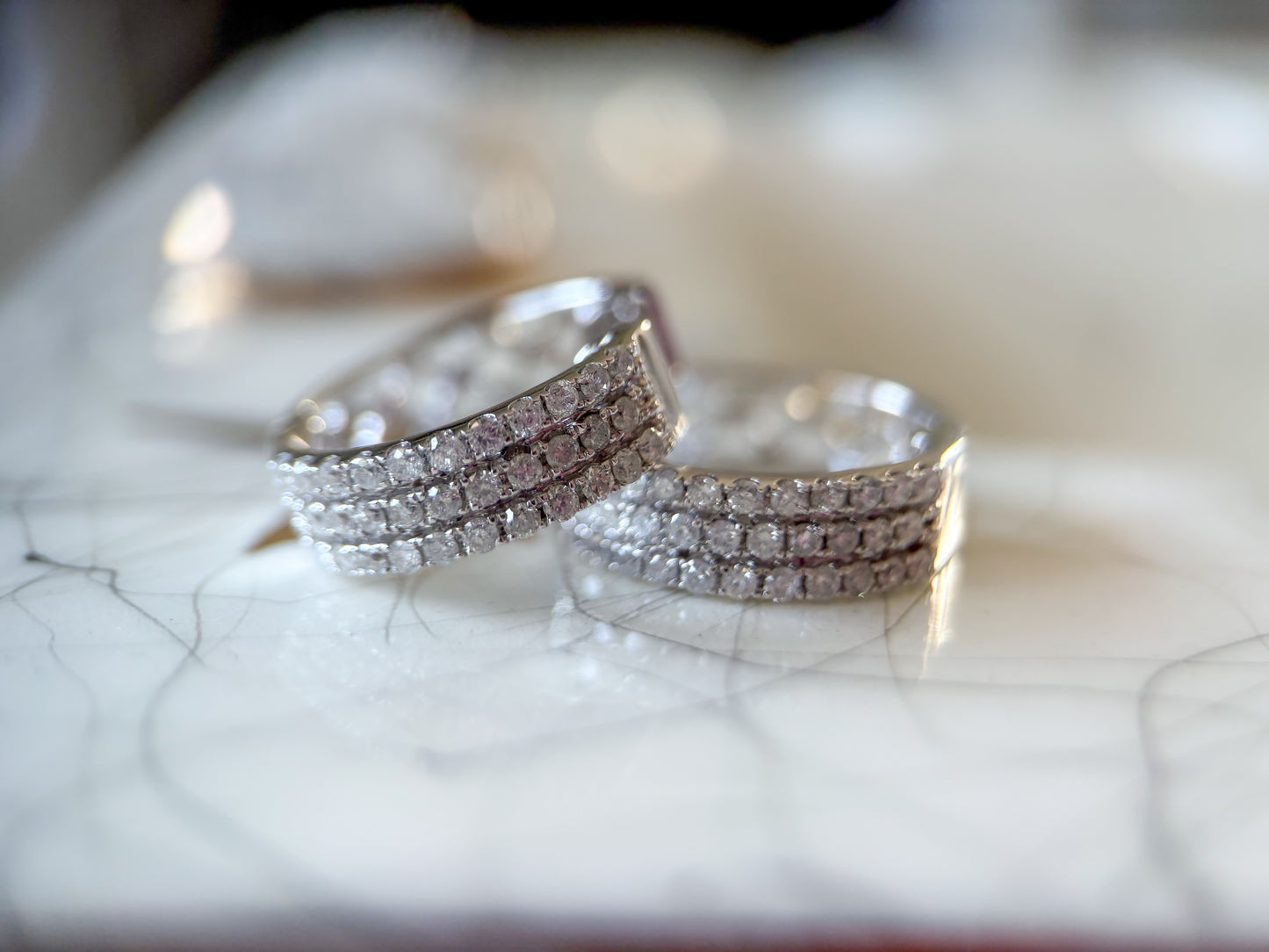 Natural Diamond Three Row 14k White Gold Huggie Earrings