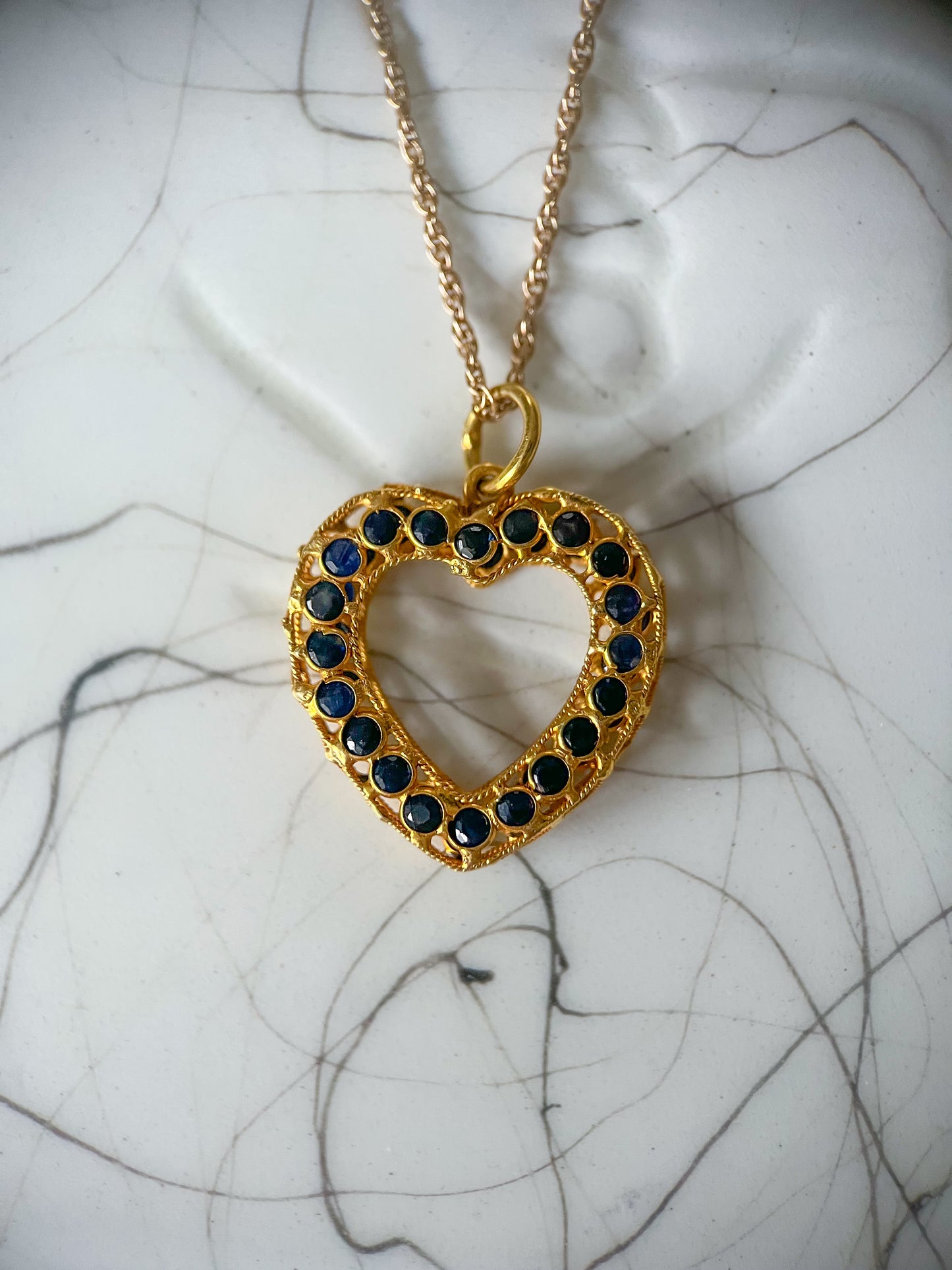 Vintage Natural Sapphire Open Heart 18k Yellow Gold Charm, Circa 1990's