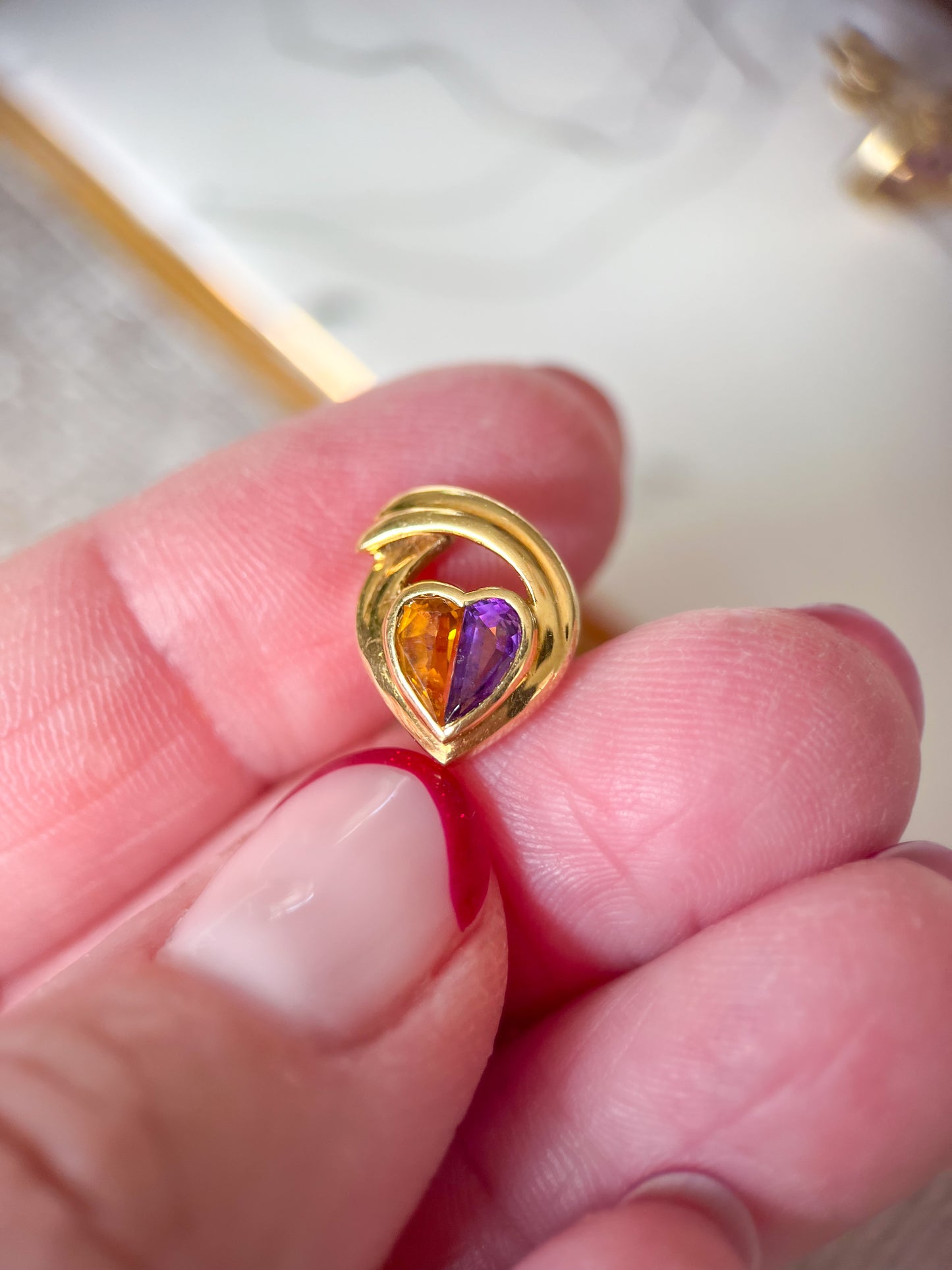 Vintage Natural Amethyst and Natural Citrine Heart Shaped Stud Earrings, circa 1990s