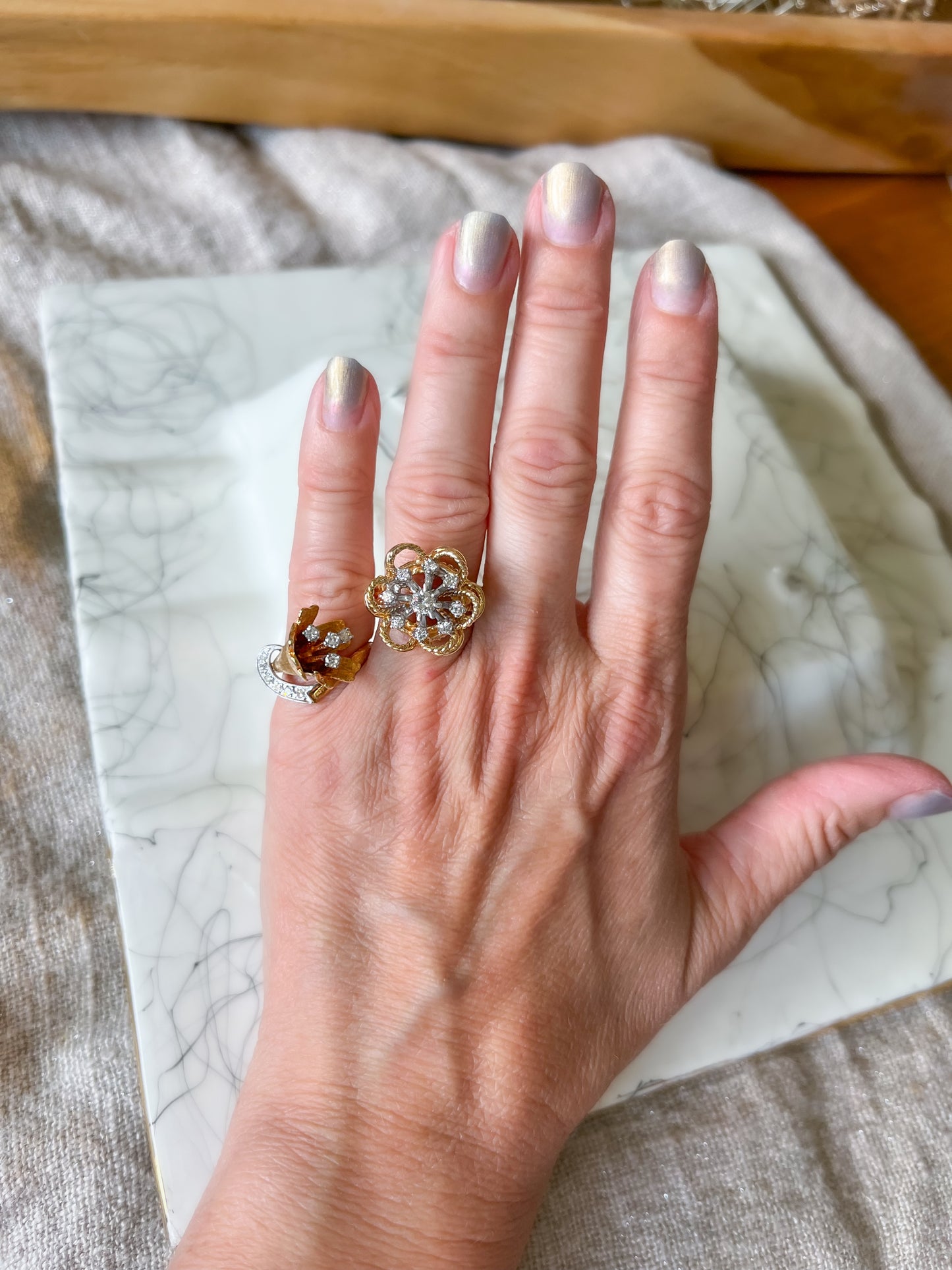 Vintage Flower Natural Diamond Rings in 14k Yellow Gold