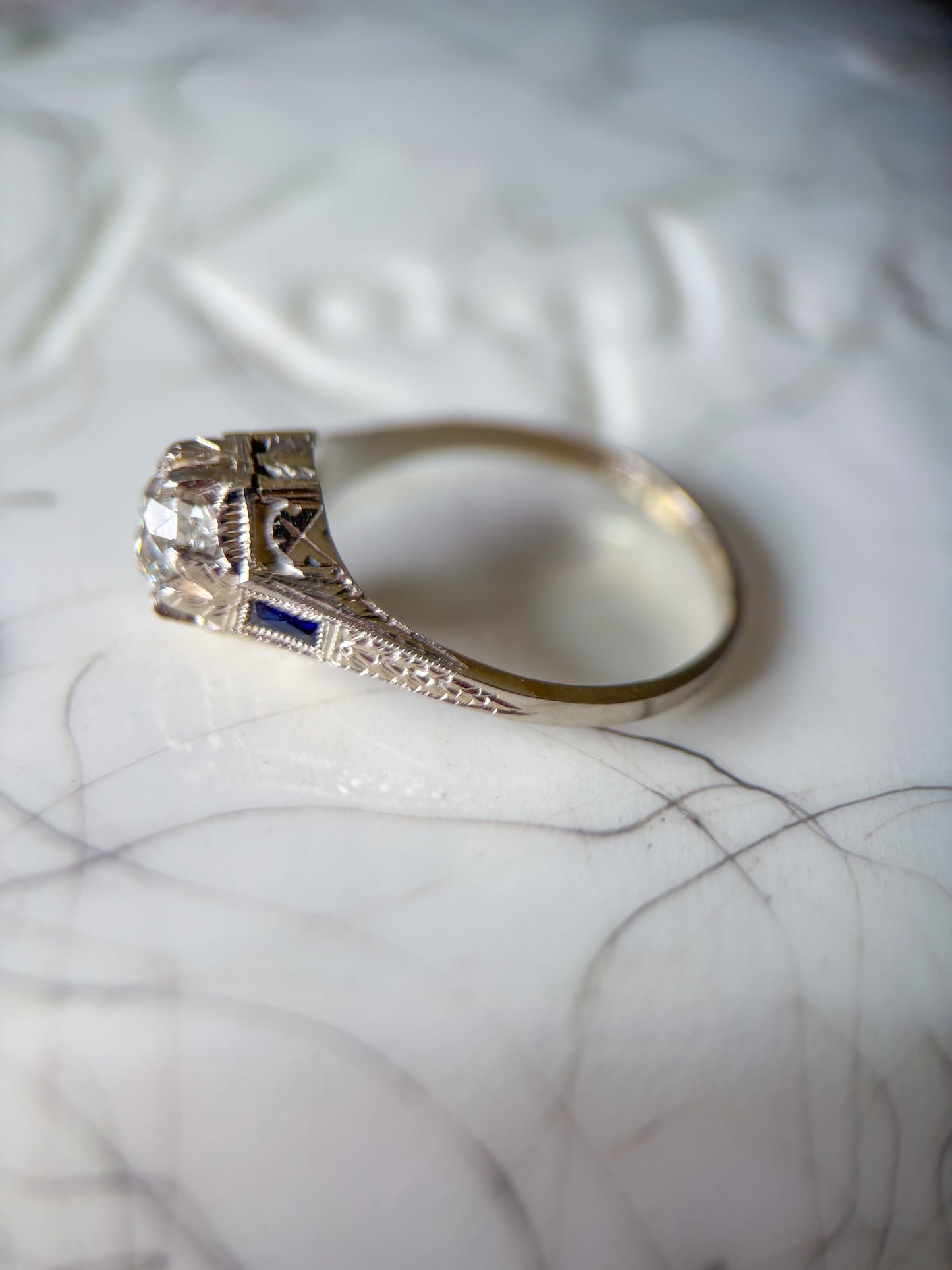 Vintage Natural Old Miner Diamond and Natural Sapphire 18k White Gold Ring