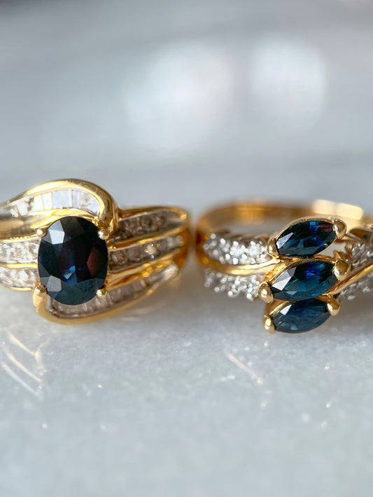 Vintage Natural Sapphire and Natural Diamond 14k Yellow Gold Rings