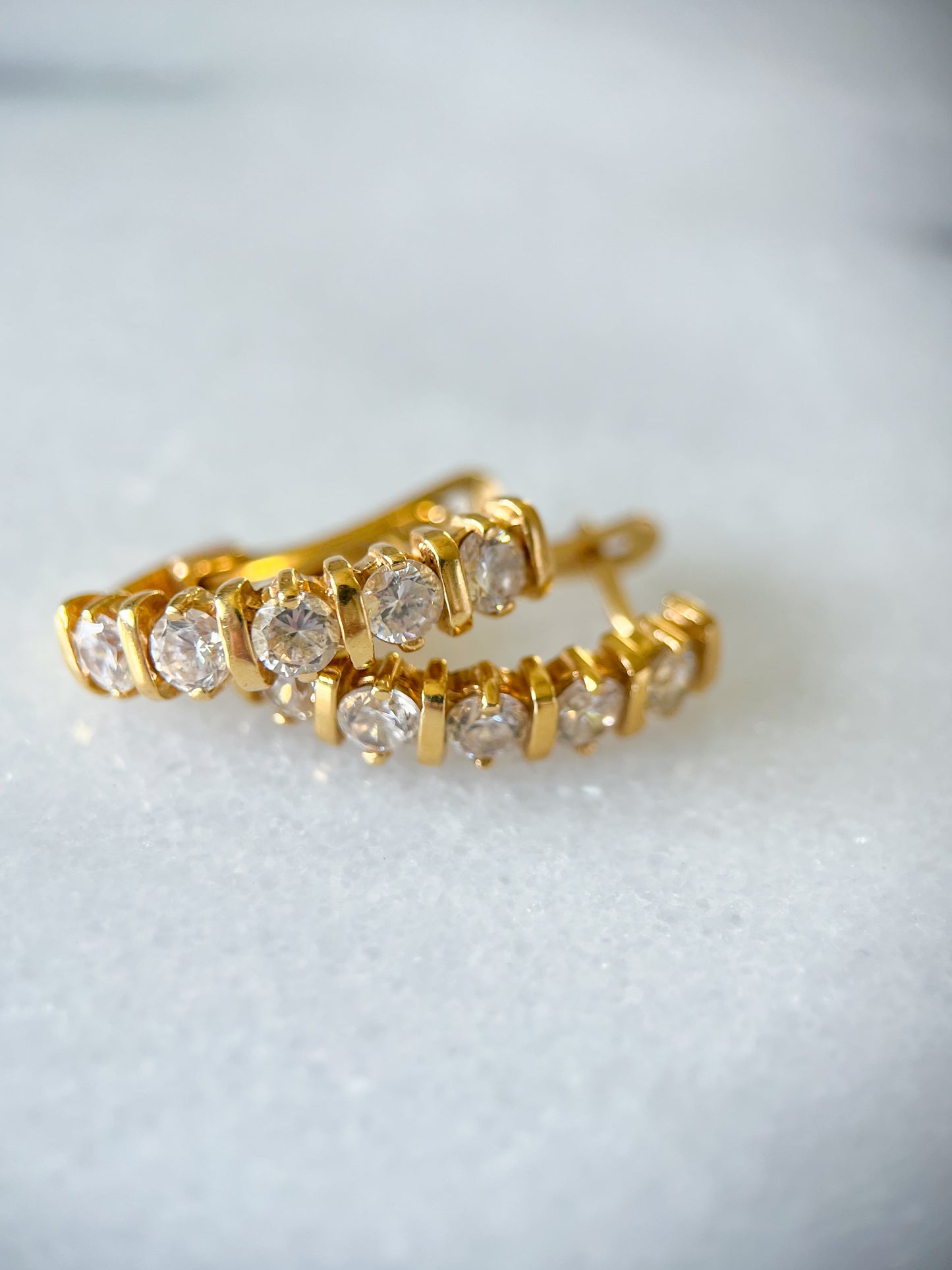 Vintage 14k Yellow Gold Half Hoops with CZ Earrings