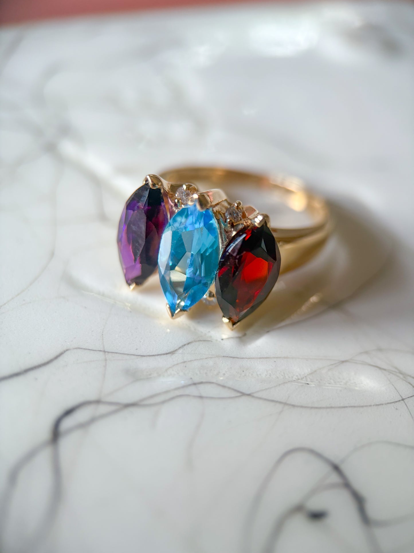 Vintage 14k Yellow Gold Three Stone Ring with Natural Diamonds