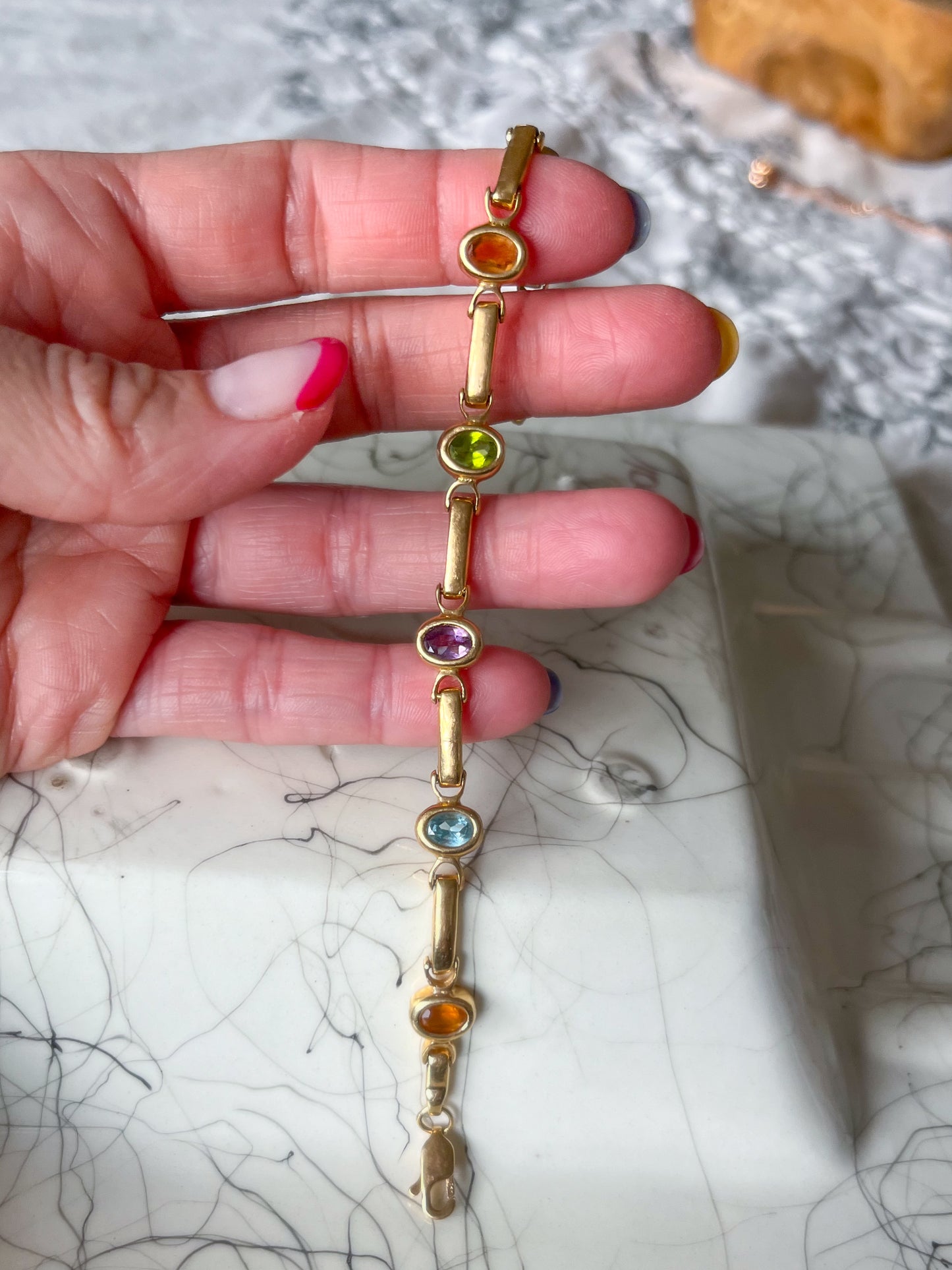 Vintage Multi Gemstone 14k Yellow Gold 7 Inch Bracelet