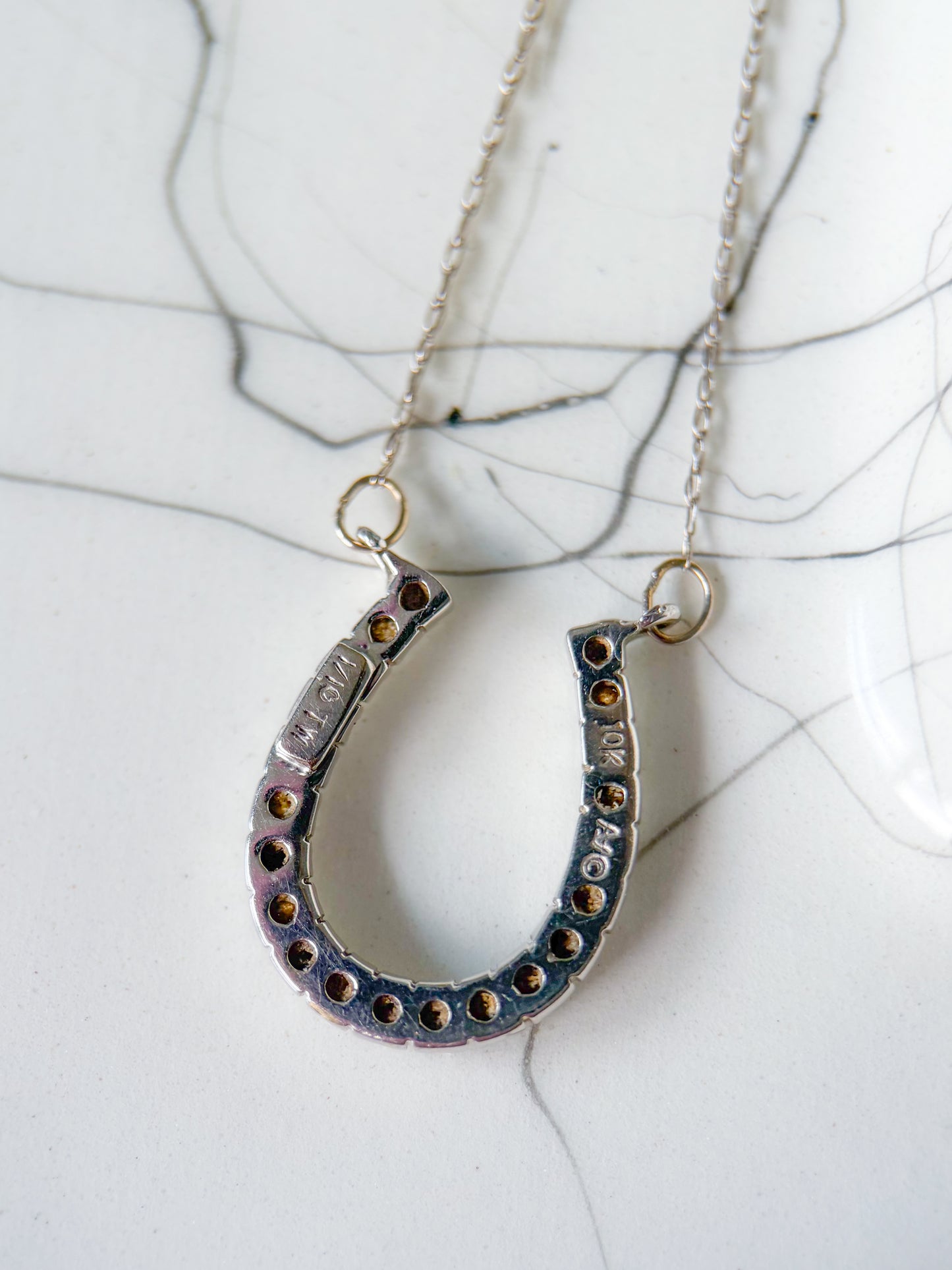 Vintage Natural Diamond Horseshoe Charm 14k White Gold with 20 Inch Chain