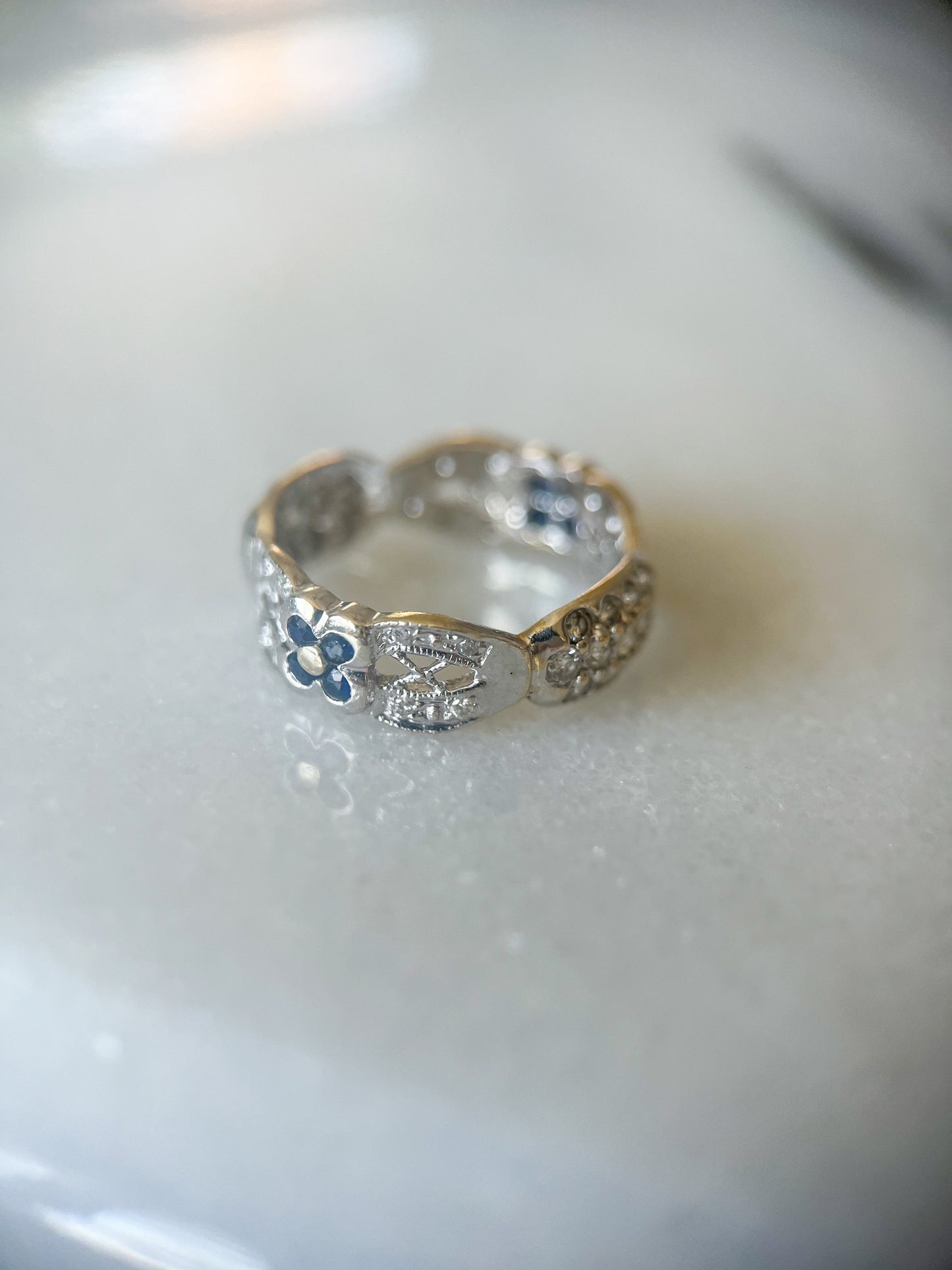 Vintage Natural Sapphire and Diamond Flower 14k White Gold Ring