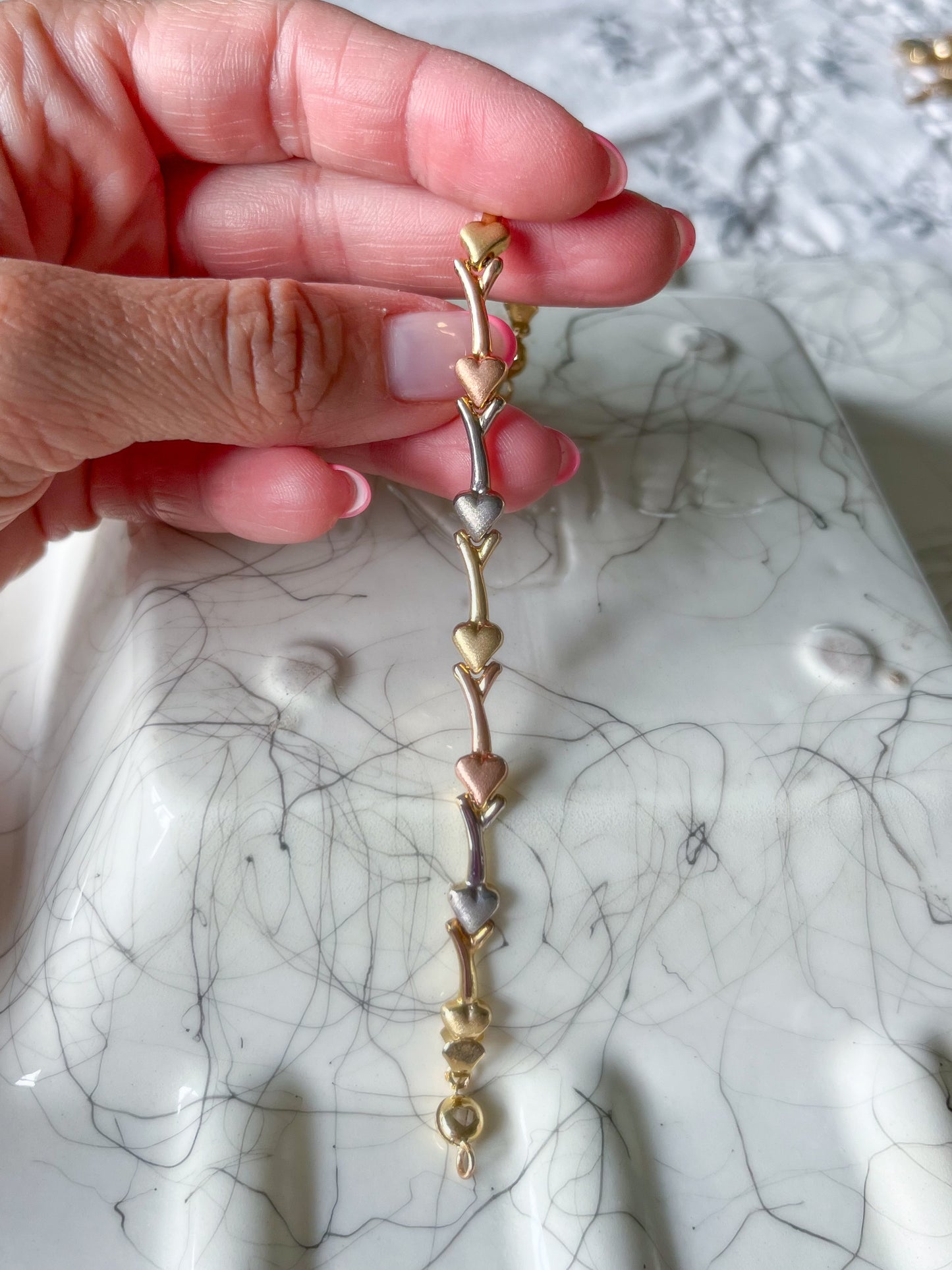 Tri Color White, Rose, Yellow Gold Heart 7.5 Inch Bracelet