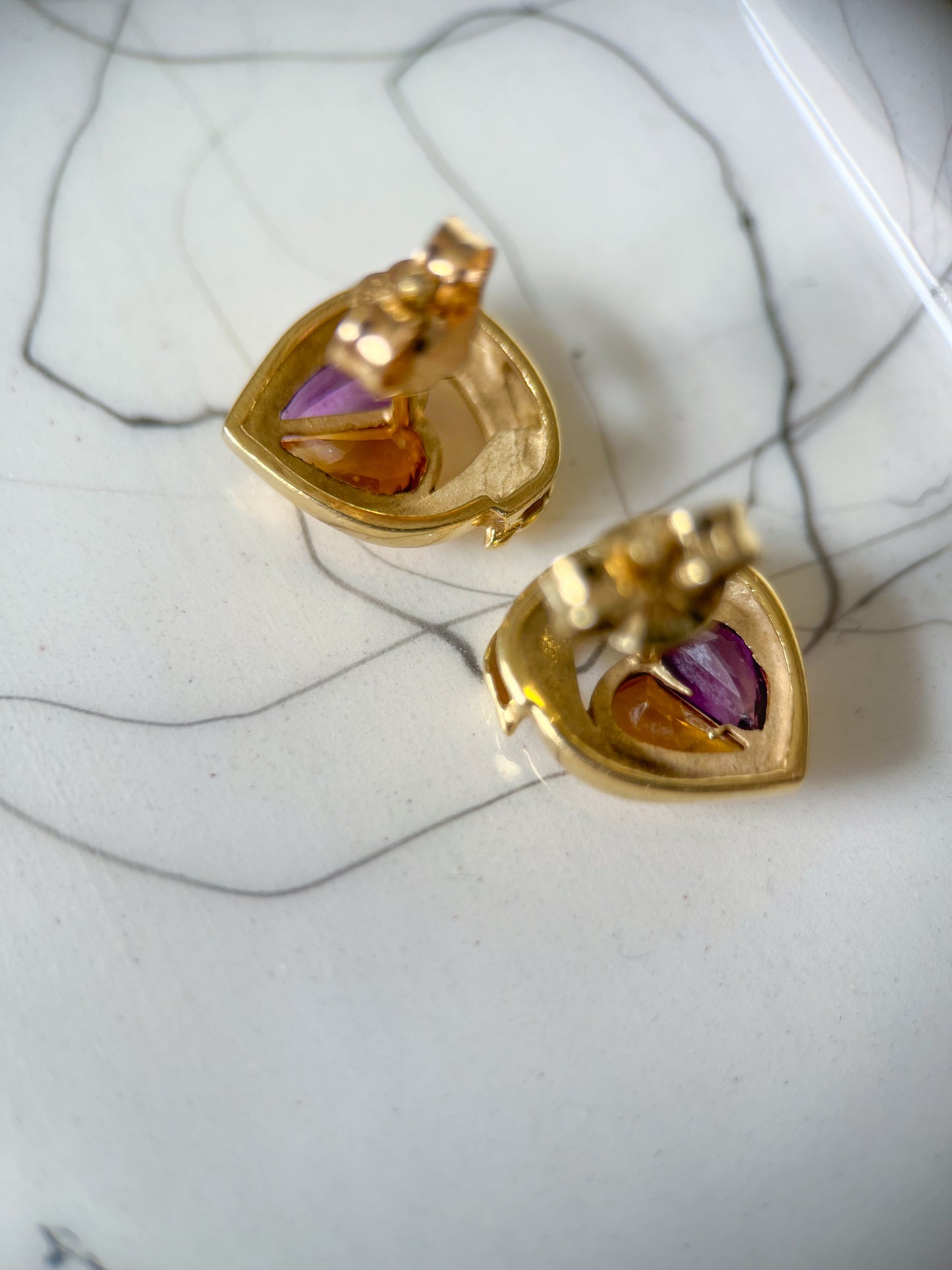 Vintage Natural Amethyst and Natural Citrine Heart Shaped Stud Earrings, circa 1990s