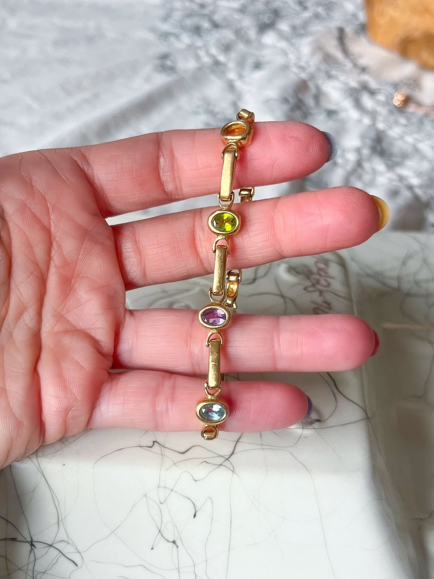 Vintage Multi Gemstone 14k Yellow Gold 7 Inch Bracelet
