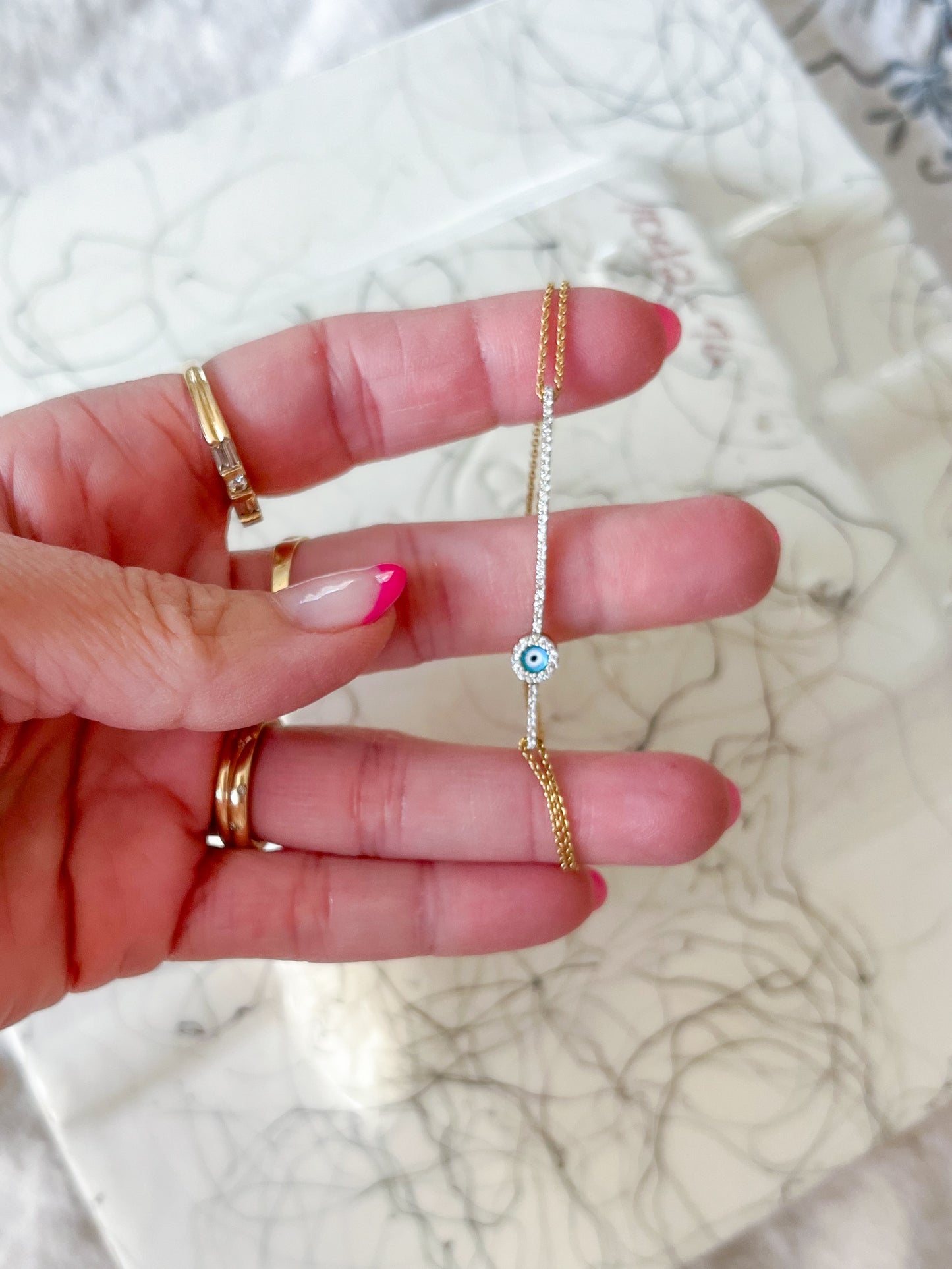18k Yellow Gold Natural Diamond Evil Eye Chain 7 inch Bracelet