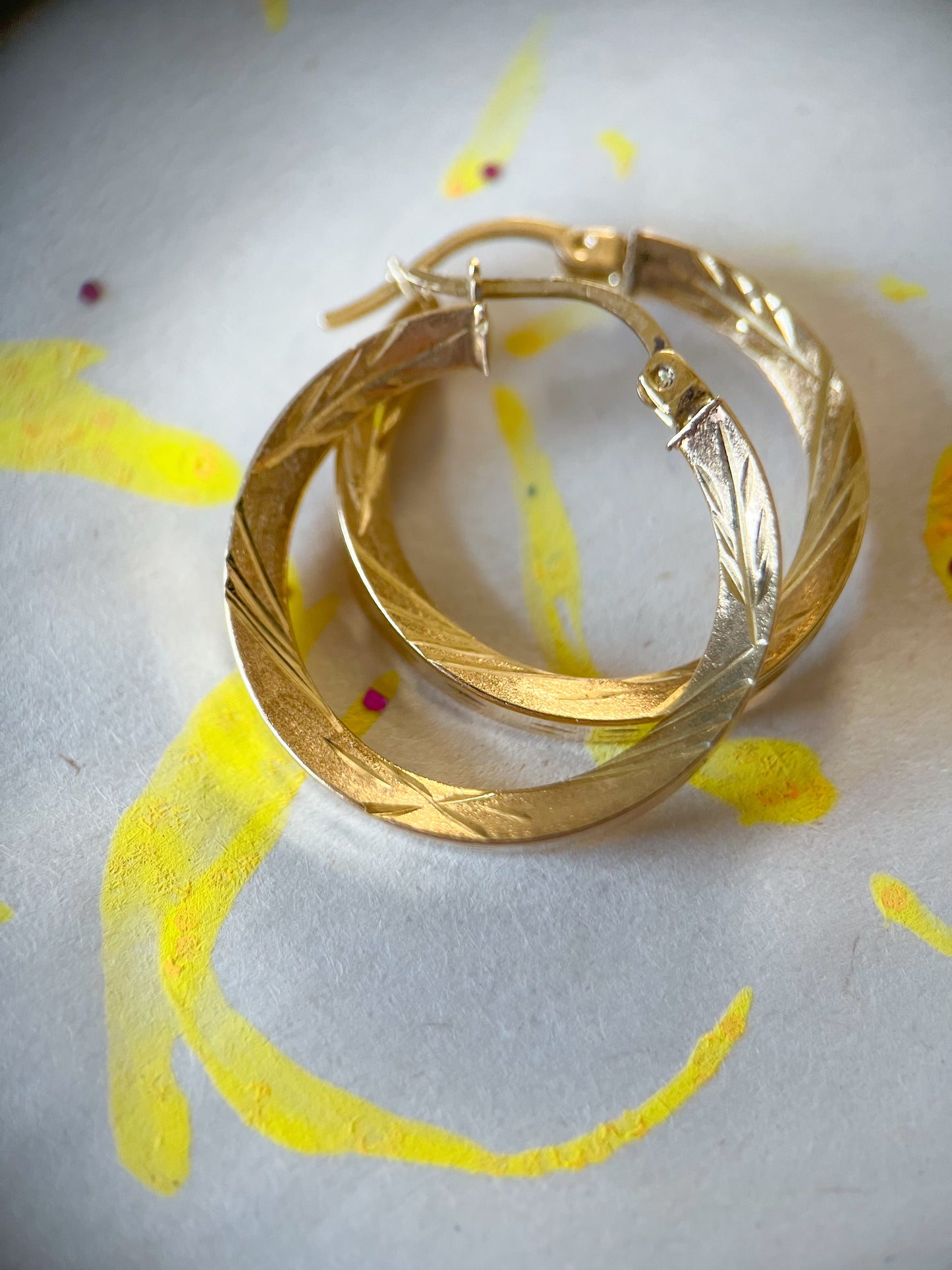 Vintage Faceted Squared Tube Medium 10k Yellow Gold Hoop Earrings