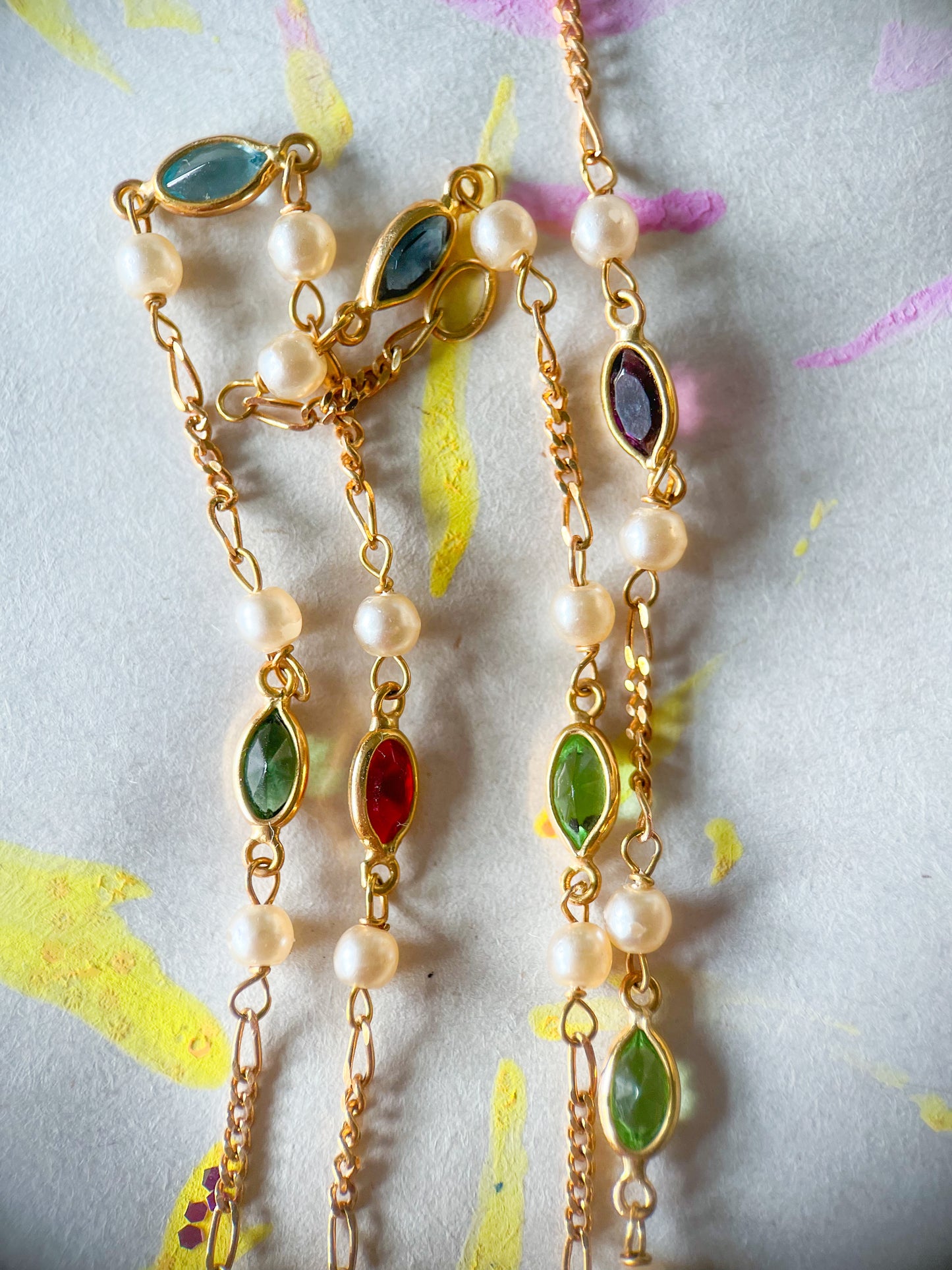 Vintage Pearl and Natural Gemstone 18k Yellow Gold 16 Inch Chain Necklace