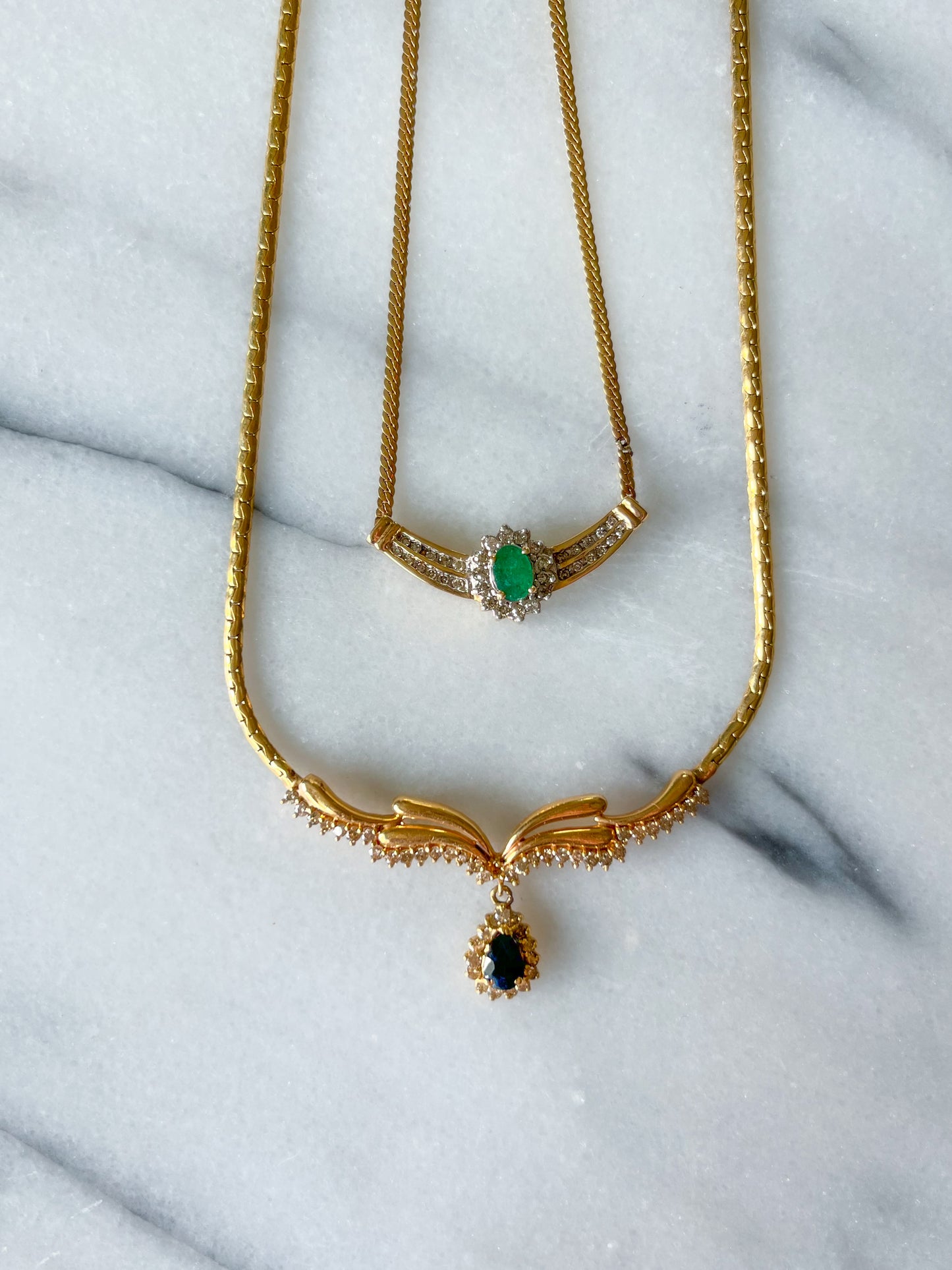 Vintage Natural Diamond, Emerald and Sapphire Pendant 14k Yellow Gold Necklaces