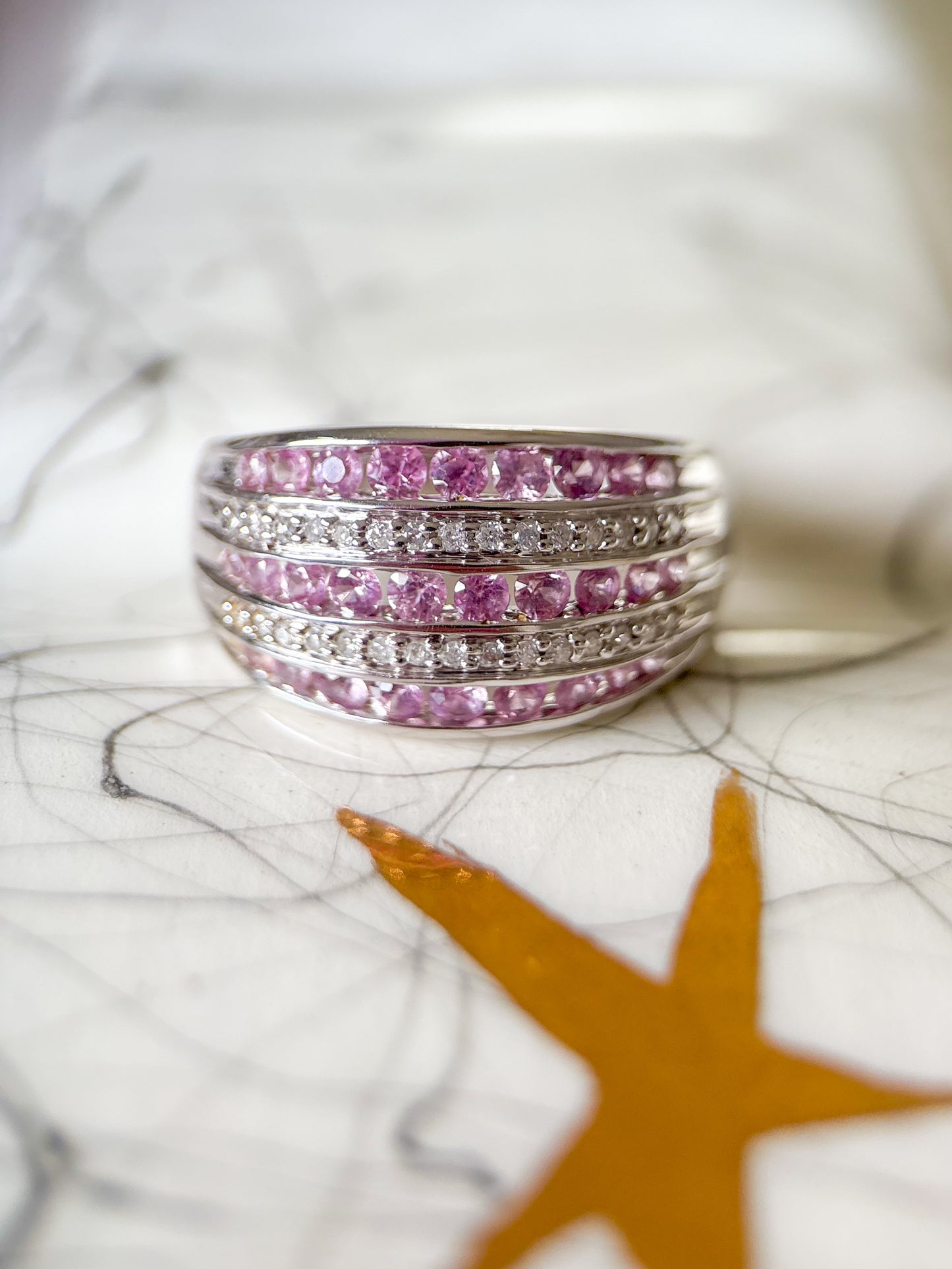 Vintage Chunky Natural Diamond and Synthetic Pink Topaz 14k White Gold Ring