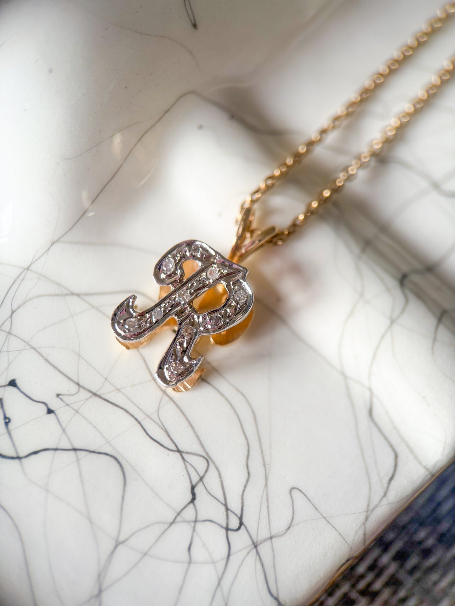 Vintage Natural Diamond Letter "R" 14k Yellow Gold Charm