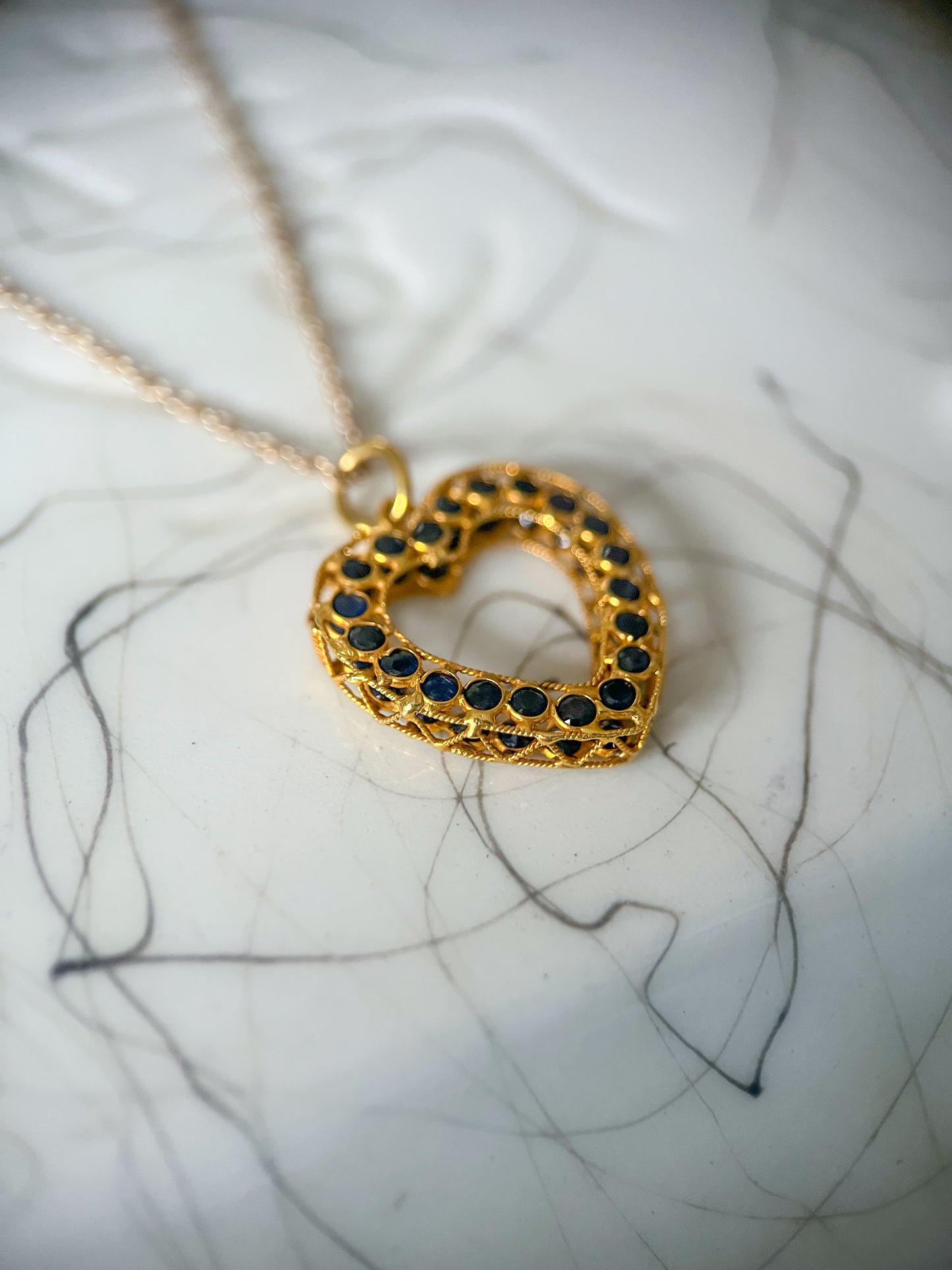 Vintage Natural Sapphire Open Heart 18k Yellow Gold Charm, Circa 1990's