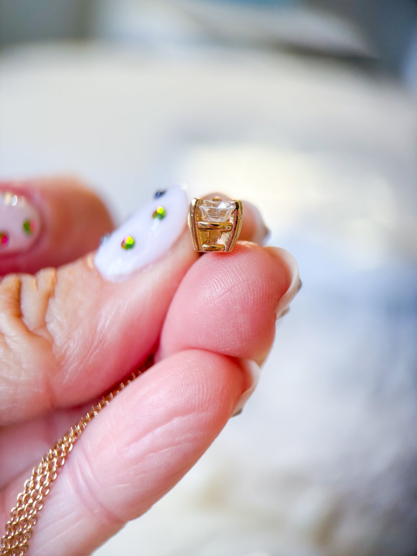 Vintage Natural Diamond Three Stone Drop Pendant with 14k Yellow Gold Attached 17 Inch Chain