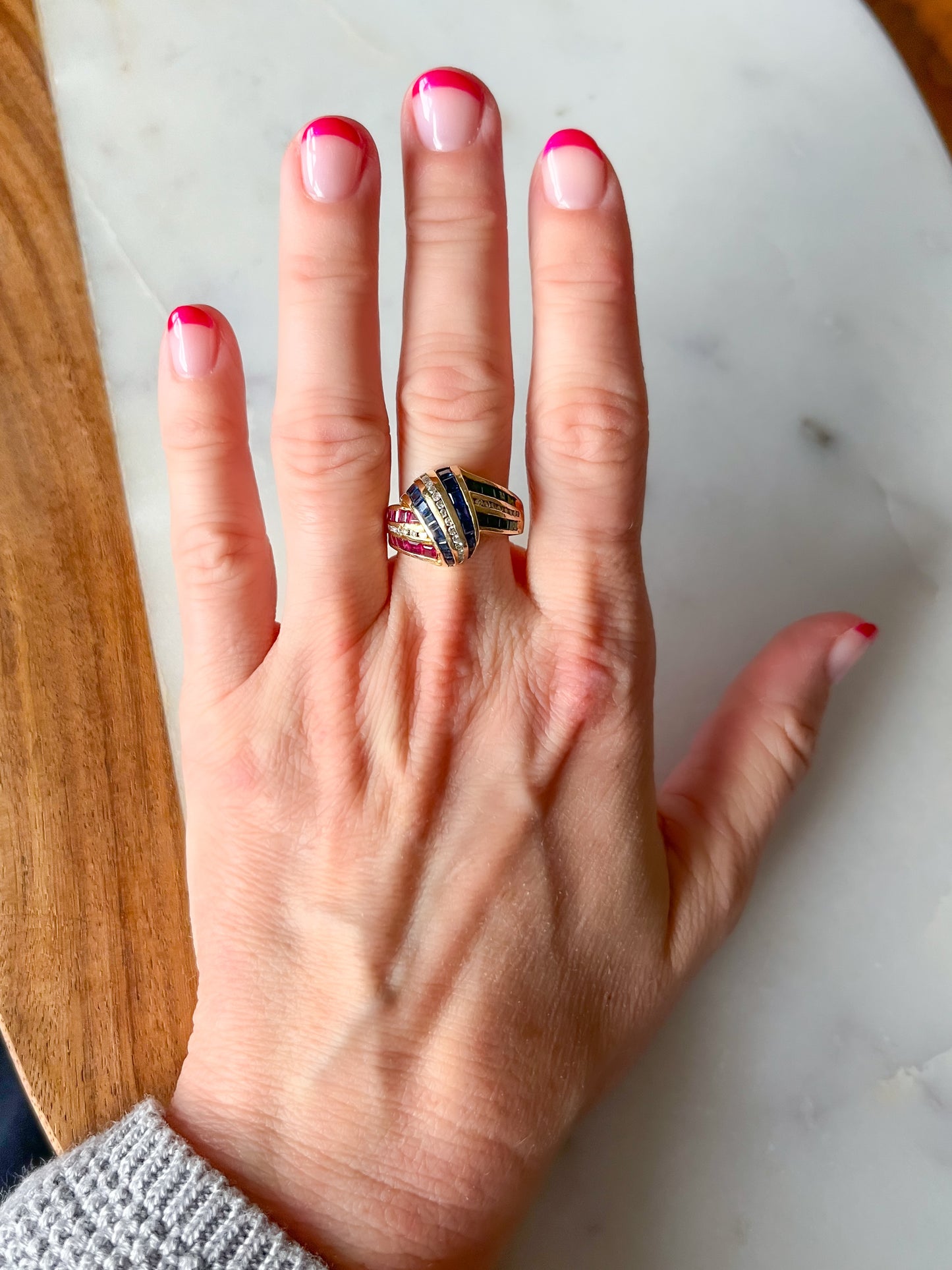 Vintage 14k Yellow Gold Natural Sapphire, Ruby, Emerald and Diamond Ring, circa 1990s