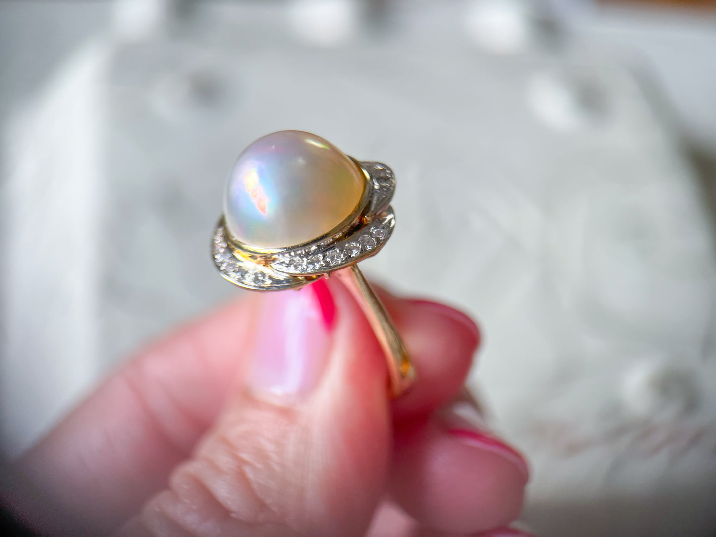 Vintage Pearl and Natural Diamond 14k Yellow Gold Statement Ring