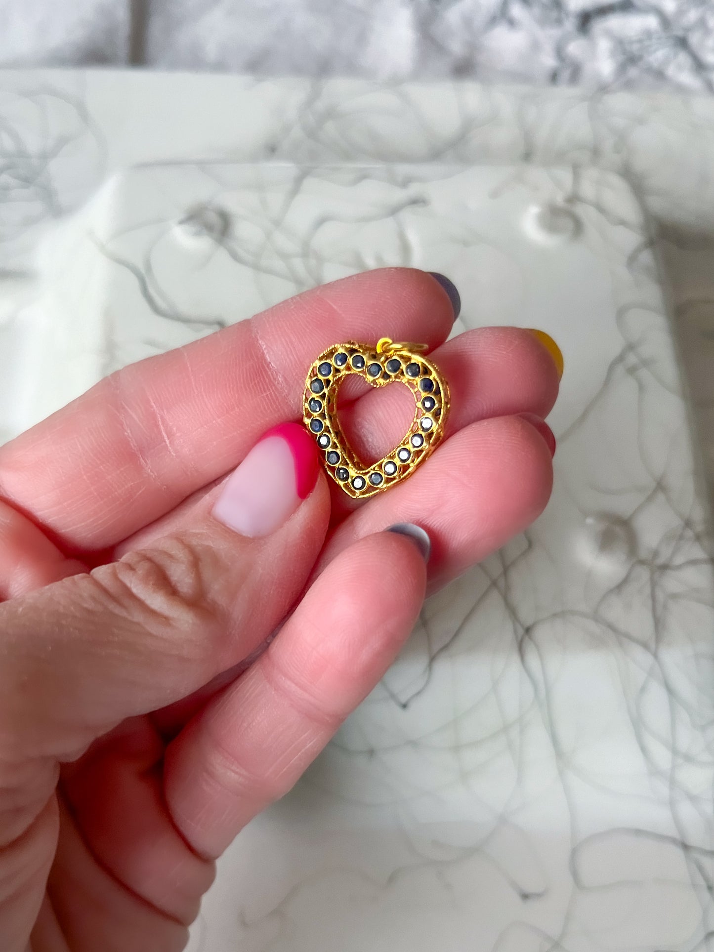 Vintage Natural Sapphire Open Heart 18k Yellow Gold Charm, Circa 1990's