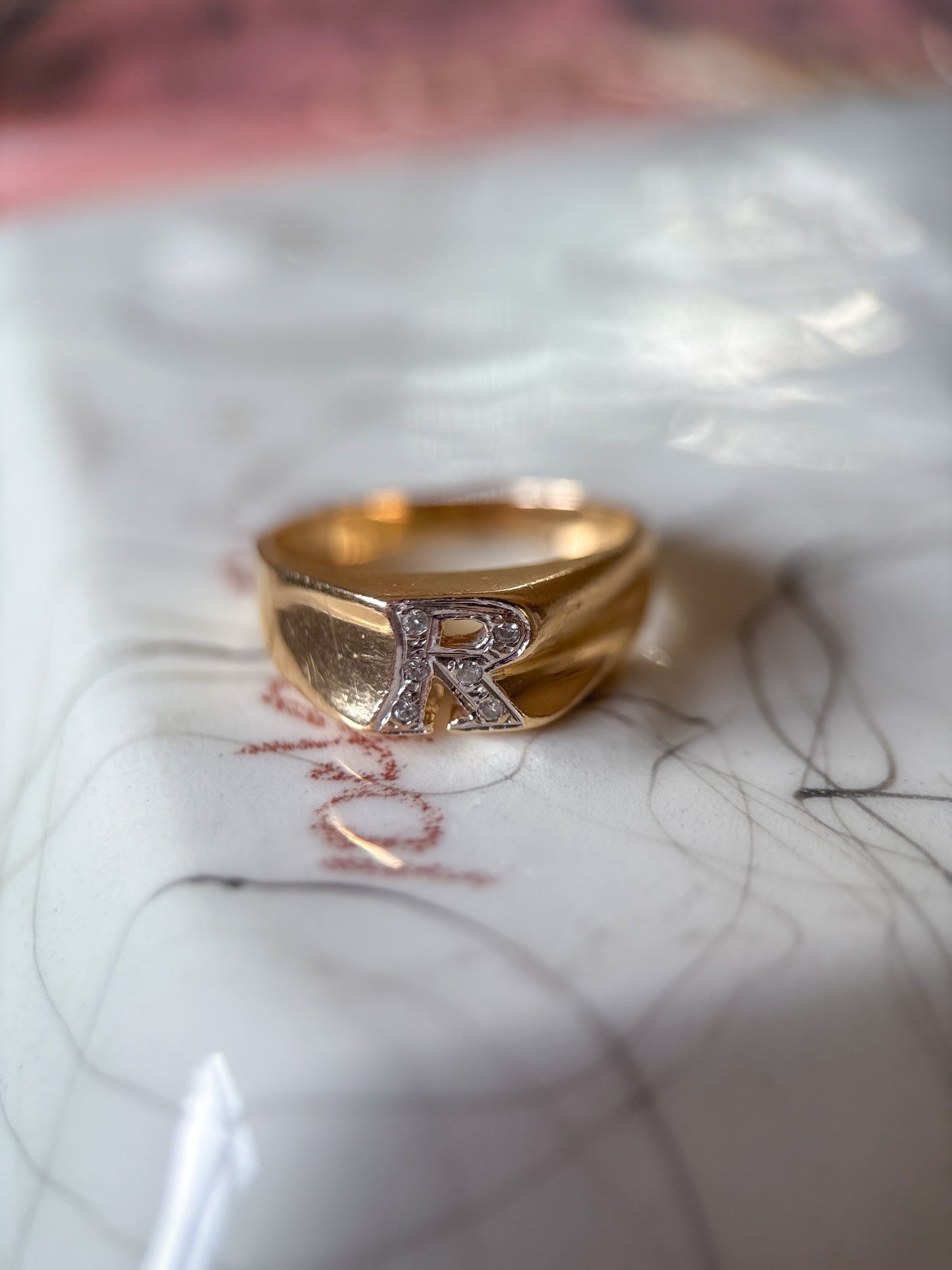 Vintage Chunky Natural Diamond Letter "R" 14k Yellow Gold Ring