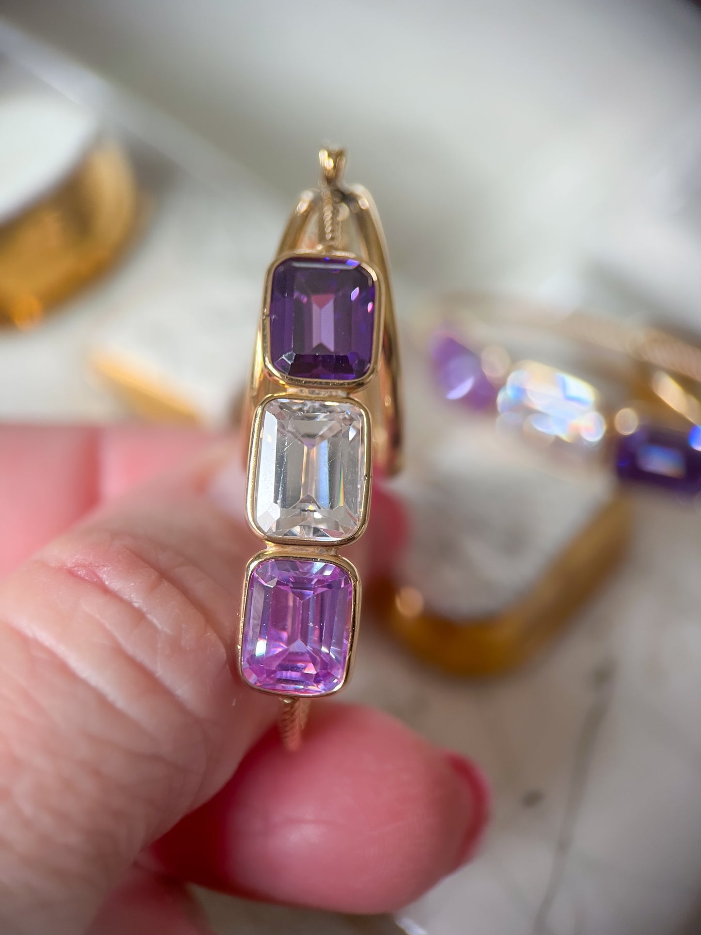 Vintage Amethyst and CZ Three Stone 14k Yellow Gold Hoop Earrings
