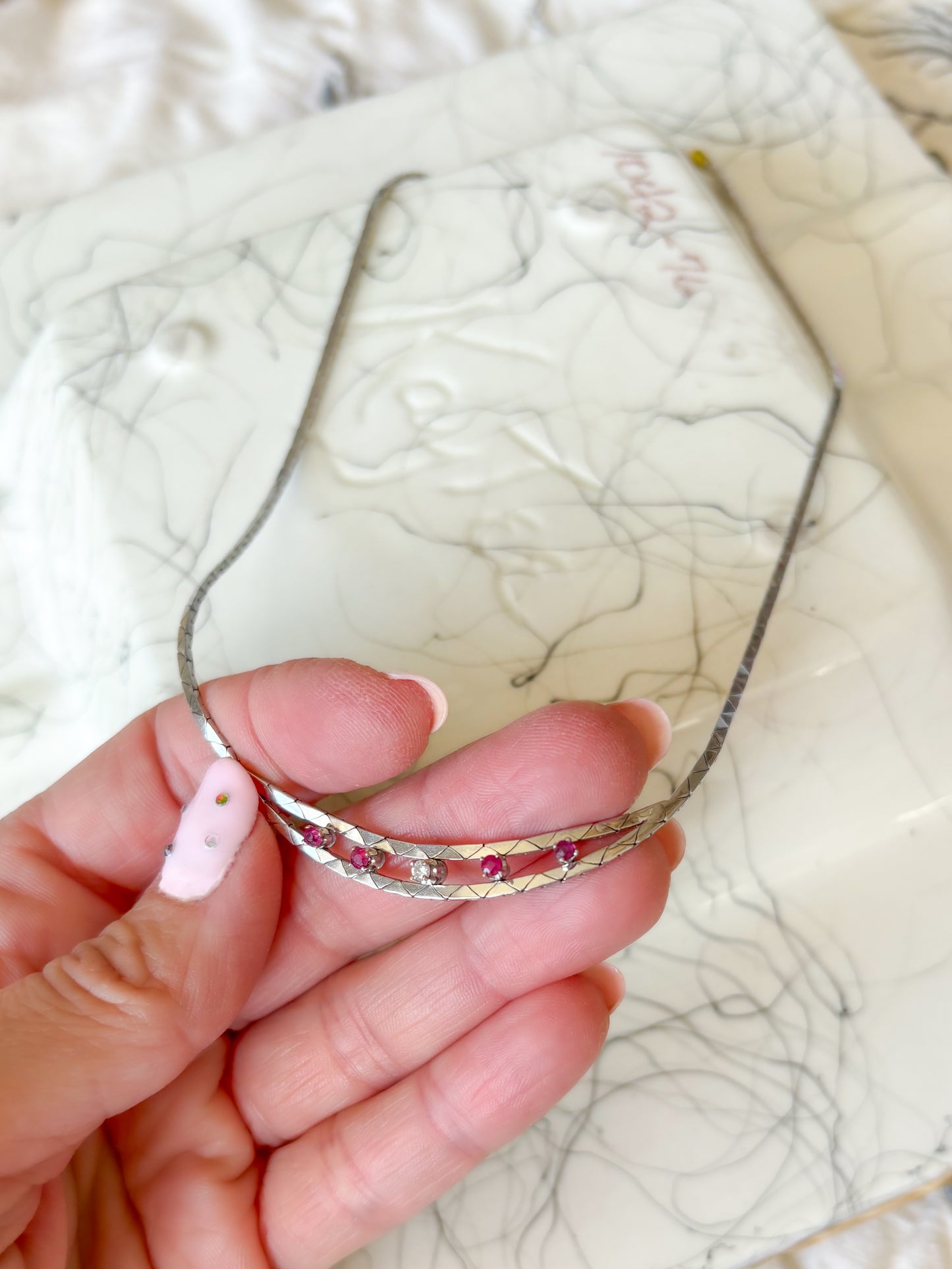 Vintage Natural Diamond and Natural Ruby 14k White Gold 17 Inch Cobra Chain Necklace
