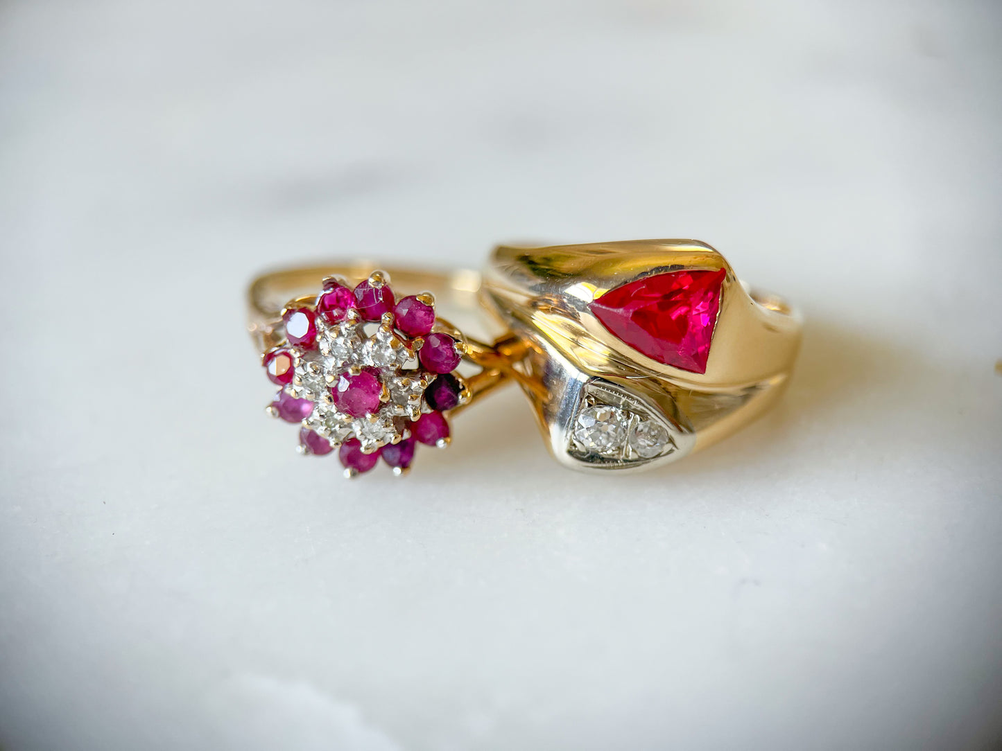 Vintage Natural Ruby and Natural Diamond Cluster 14k Yellow Gold Ring
