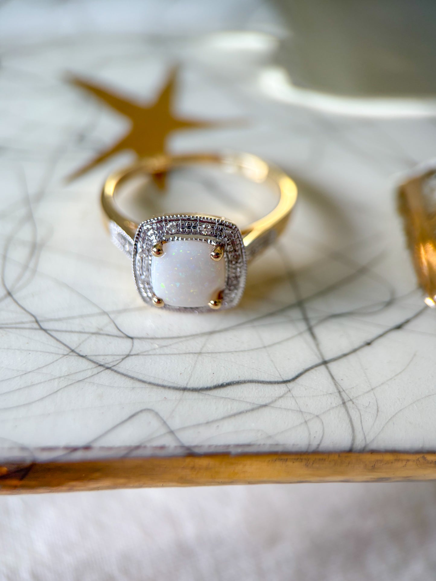 Vintage Opal and Natural Diamonds 14k Yellow Gold Ring