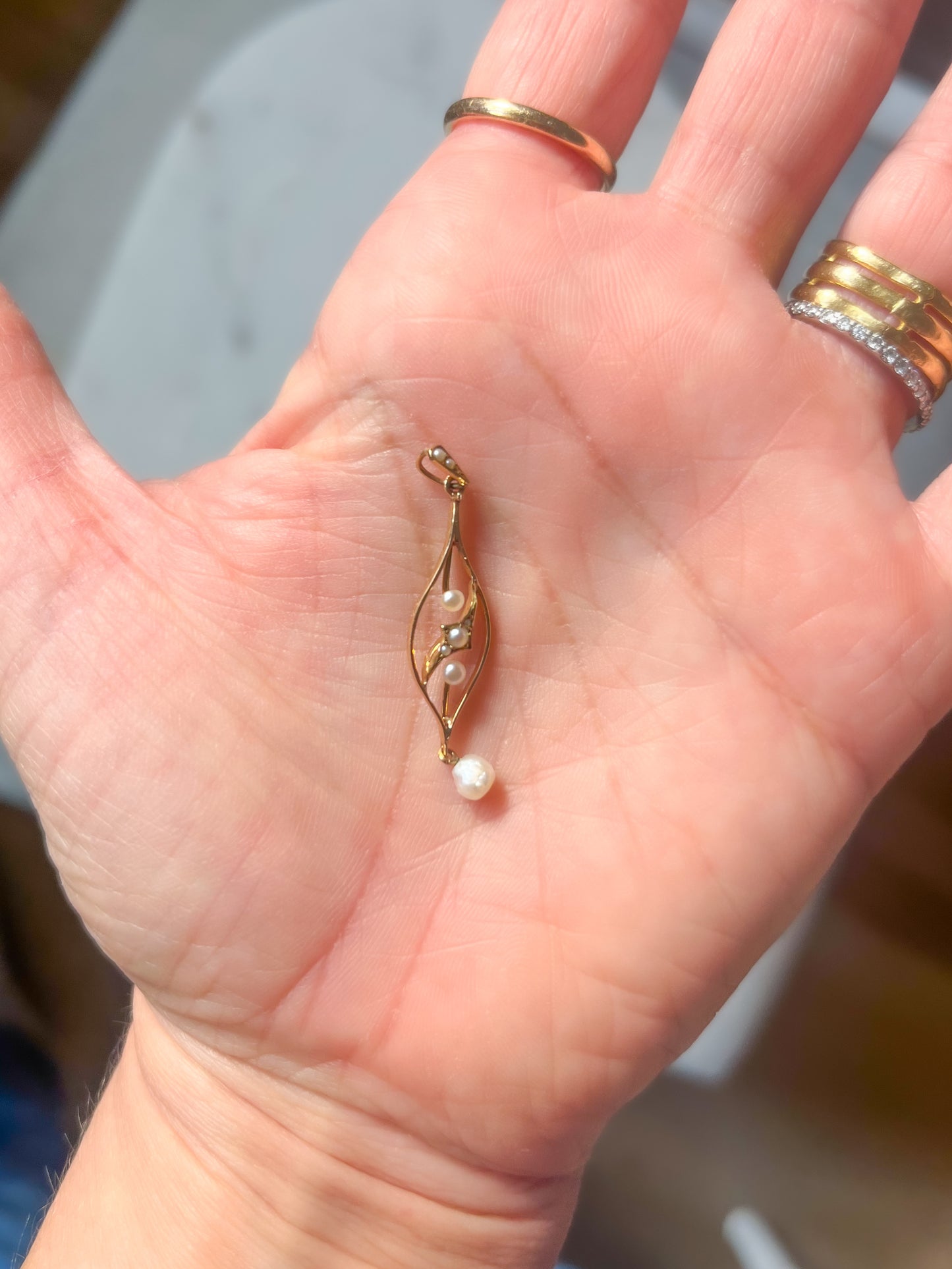 Vintage Art Nouveau Pearl 15k Yellow Gold Pendant