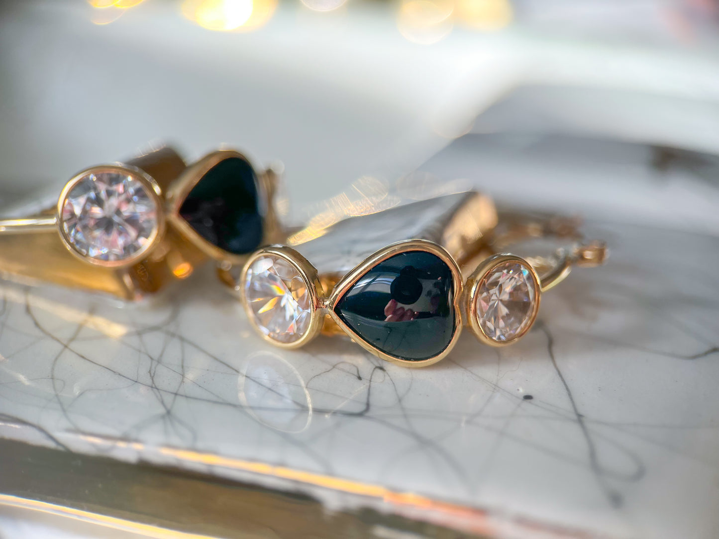 Vintage Onyx and CZ Three Stone Hoop Earrings