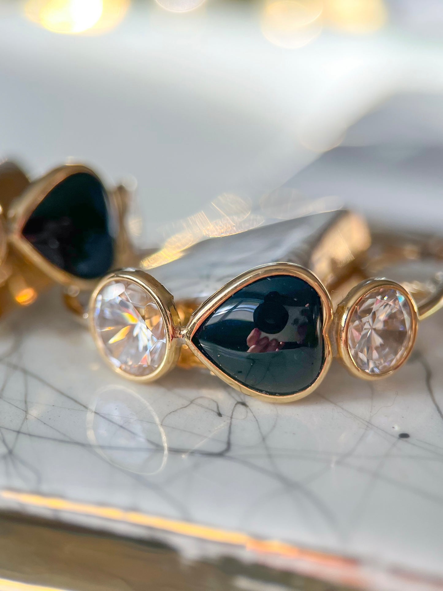 Vintage Onyx and CZ Three Stone Hoop Earrings