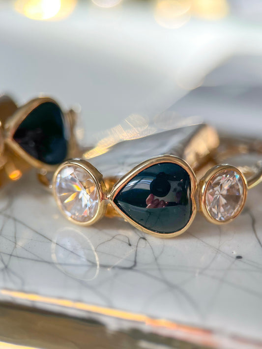 Vintage Onyx and CZ Three Stone Hoop Earrings