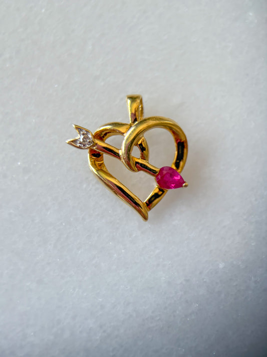 Vintage Natural Ruby and Diamond Heart 14k Yellow Gold Charm