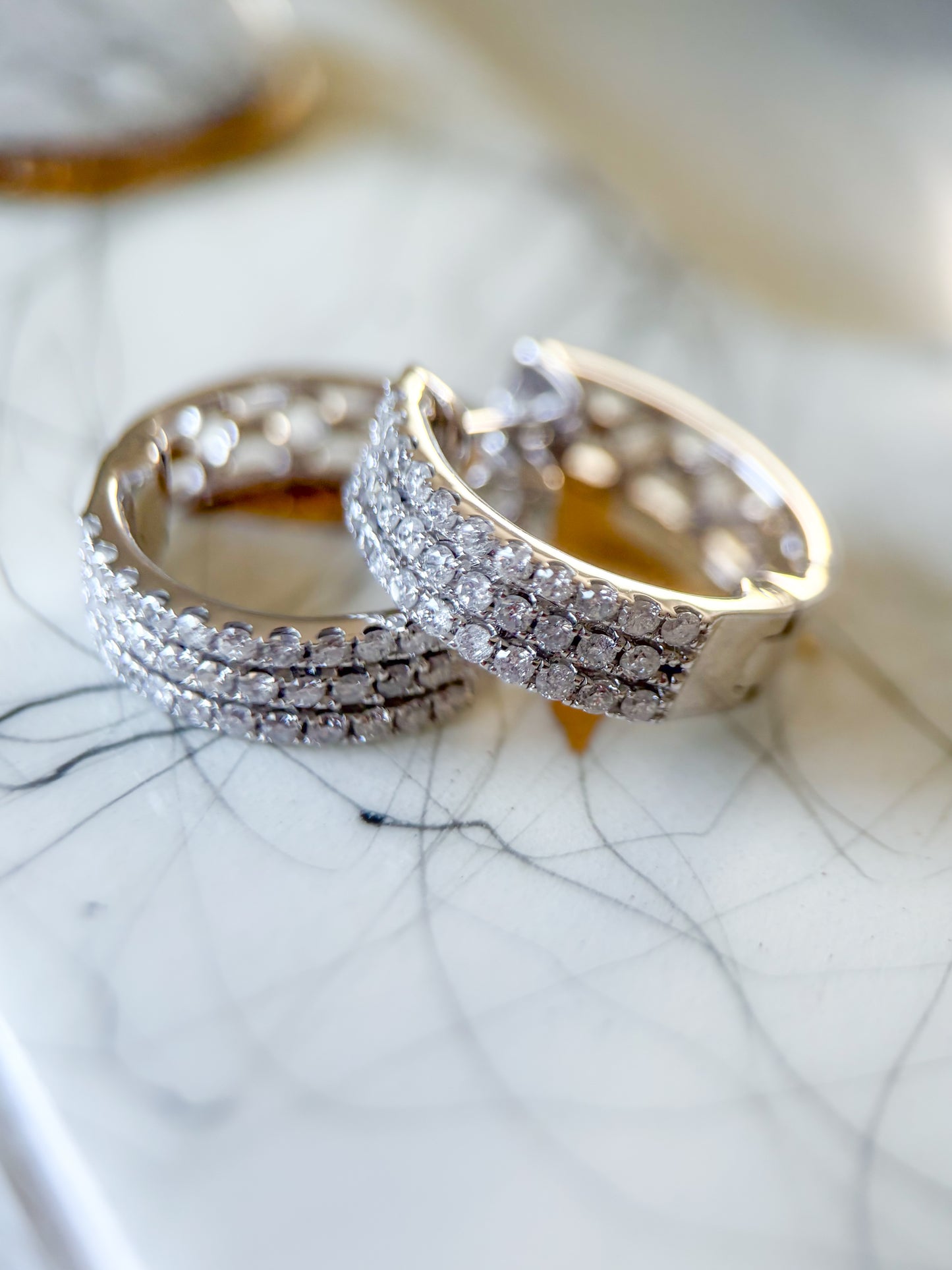 Natural Diamond Three Row 14k White Gold Huggie Earrings
