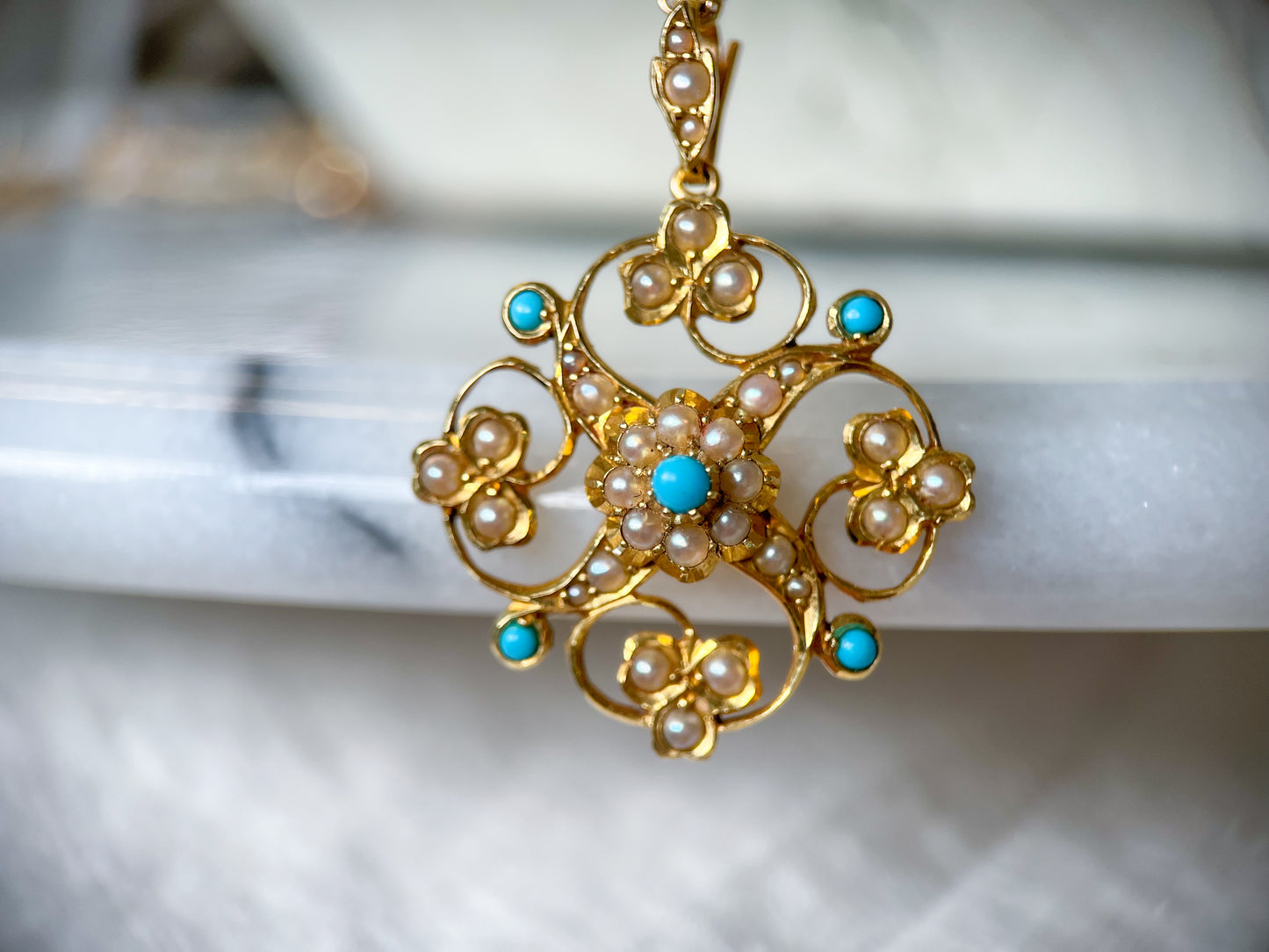Vintage Turquoise and Pearl Pendant 14k Yellow Gold Charm