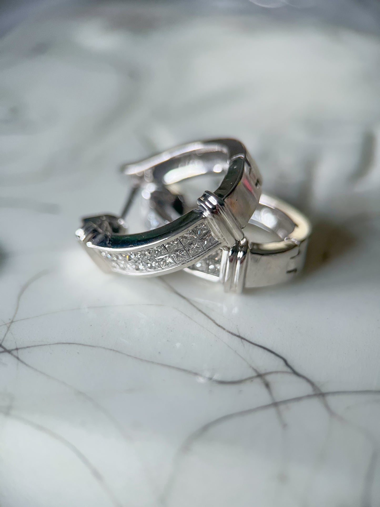 Natural Princess Cut Diamond 14k White Gold Half Hoop Earrings