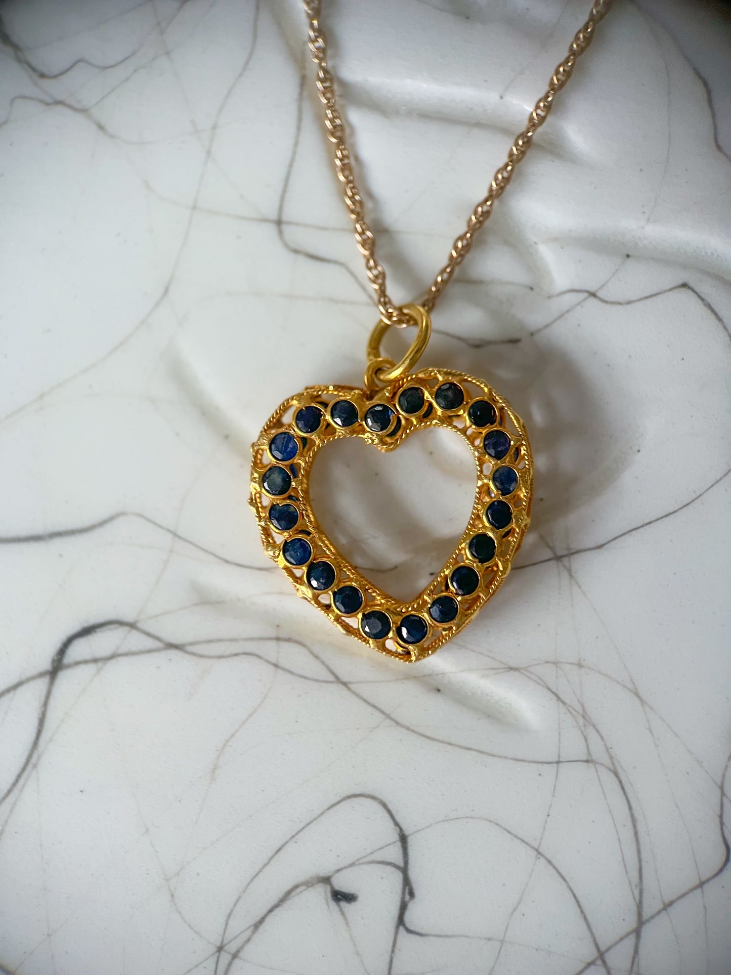 Vintage Natural Sapphire Open Heart 18k Yellow Gold Charm, Circa 1990's