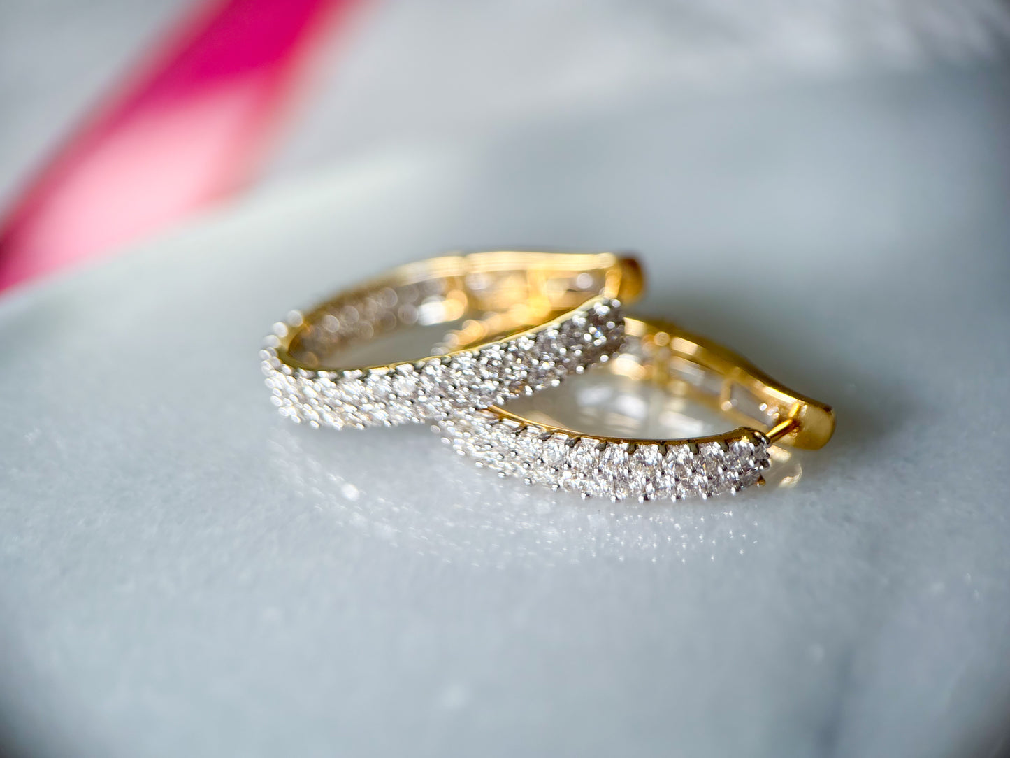 Natural Diamond Two Row Oval Hoop 14k Yellow Gold Earrings