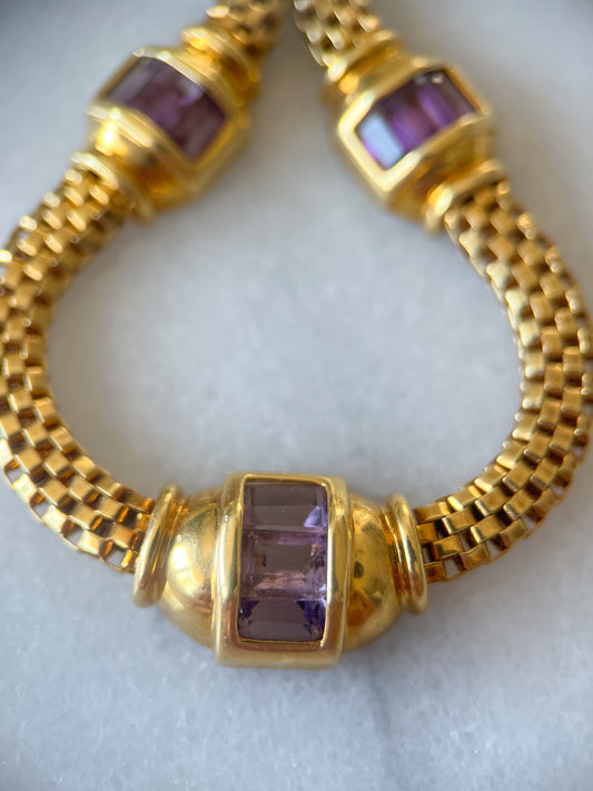 Vintage Panther Chain with Natural Amethyst Accents 14k Yellow Gold 17 Inch Necklace