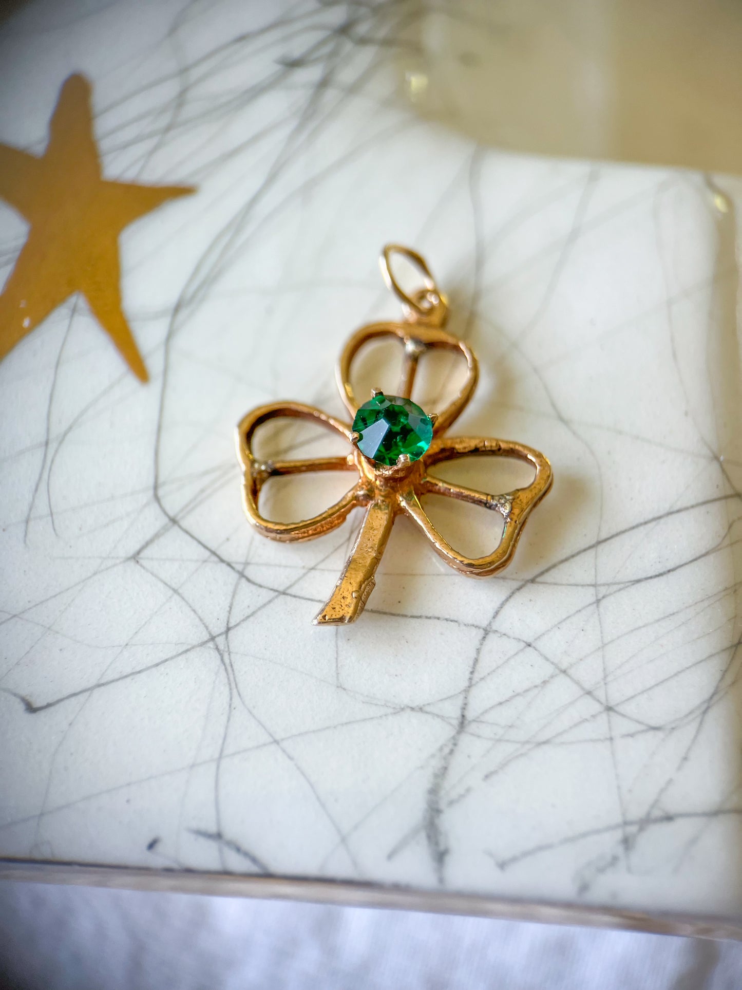 Vintage 3 Leaf Clover with Synthetic Emerald 14k Yellow Gold Charm